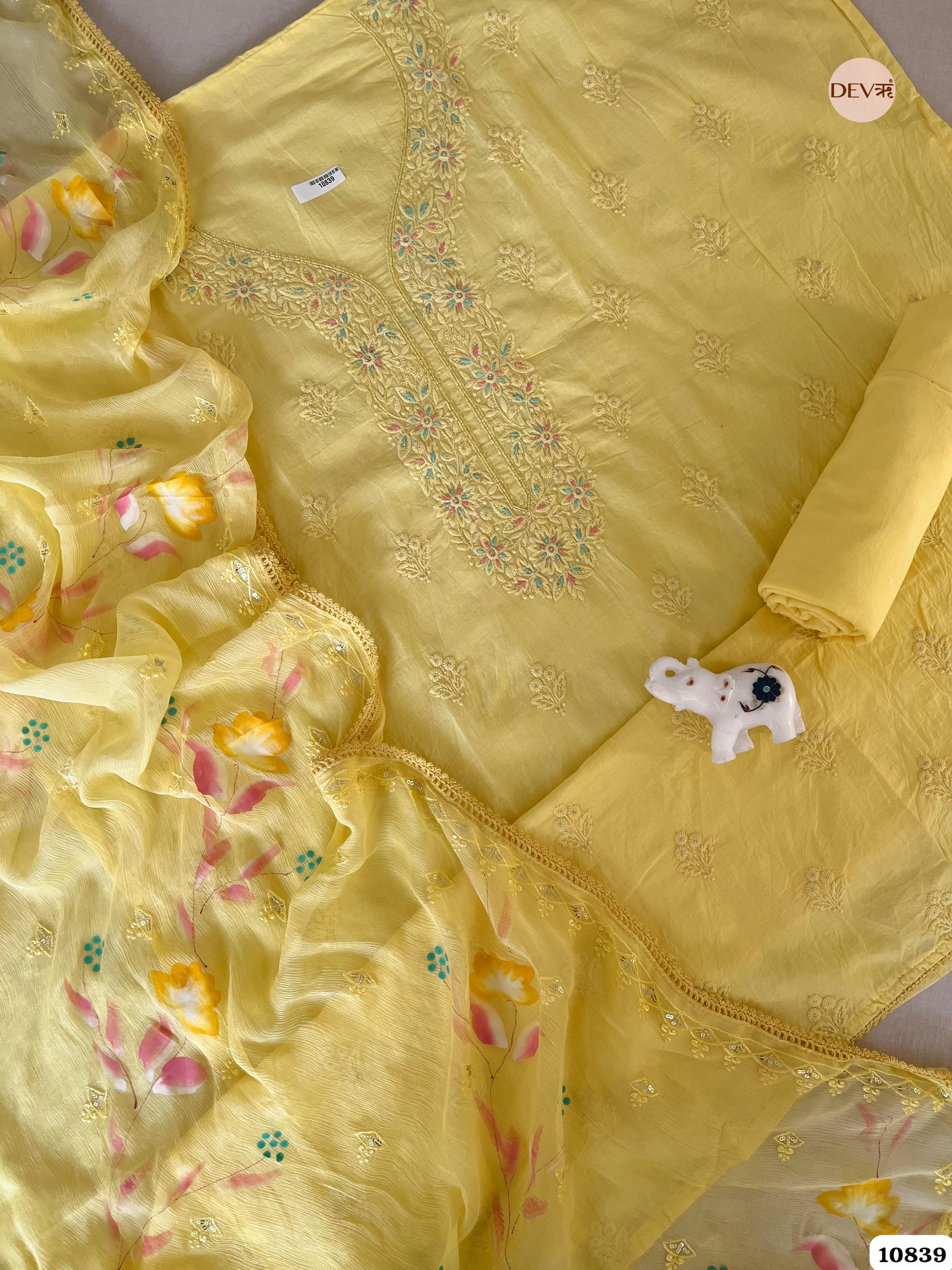 Yellow Cotton Hand Embroidered -Set Of 3 {10839}