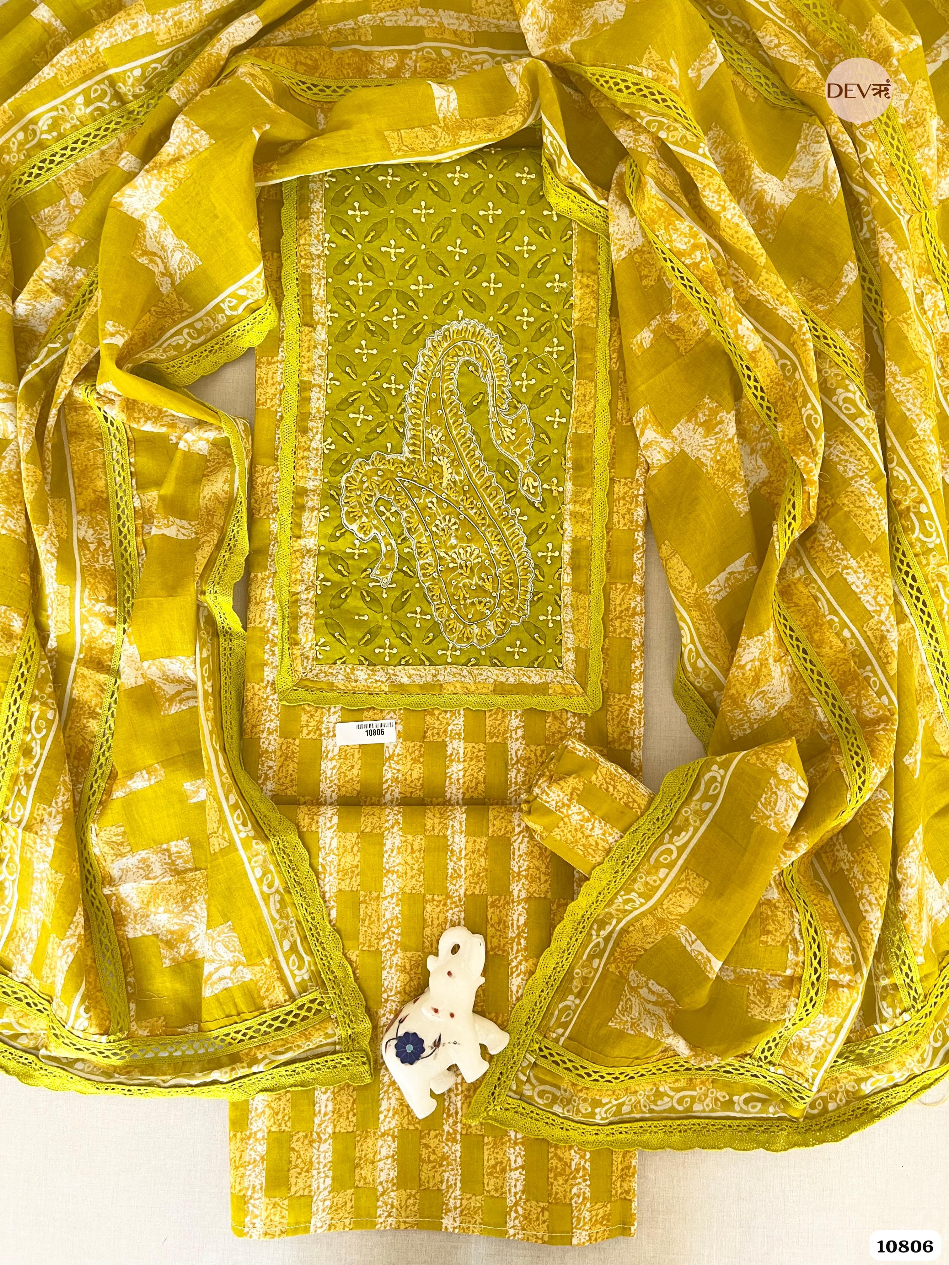Yellow Cotton Jaipuri Printed Hand Embroidered -Set Of 3 {10806}
