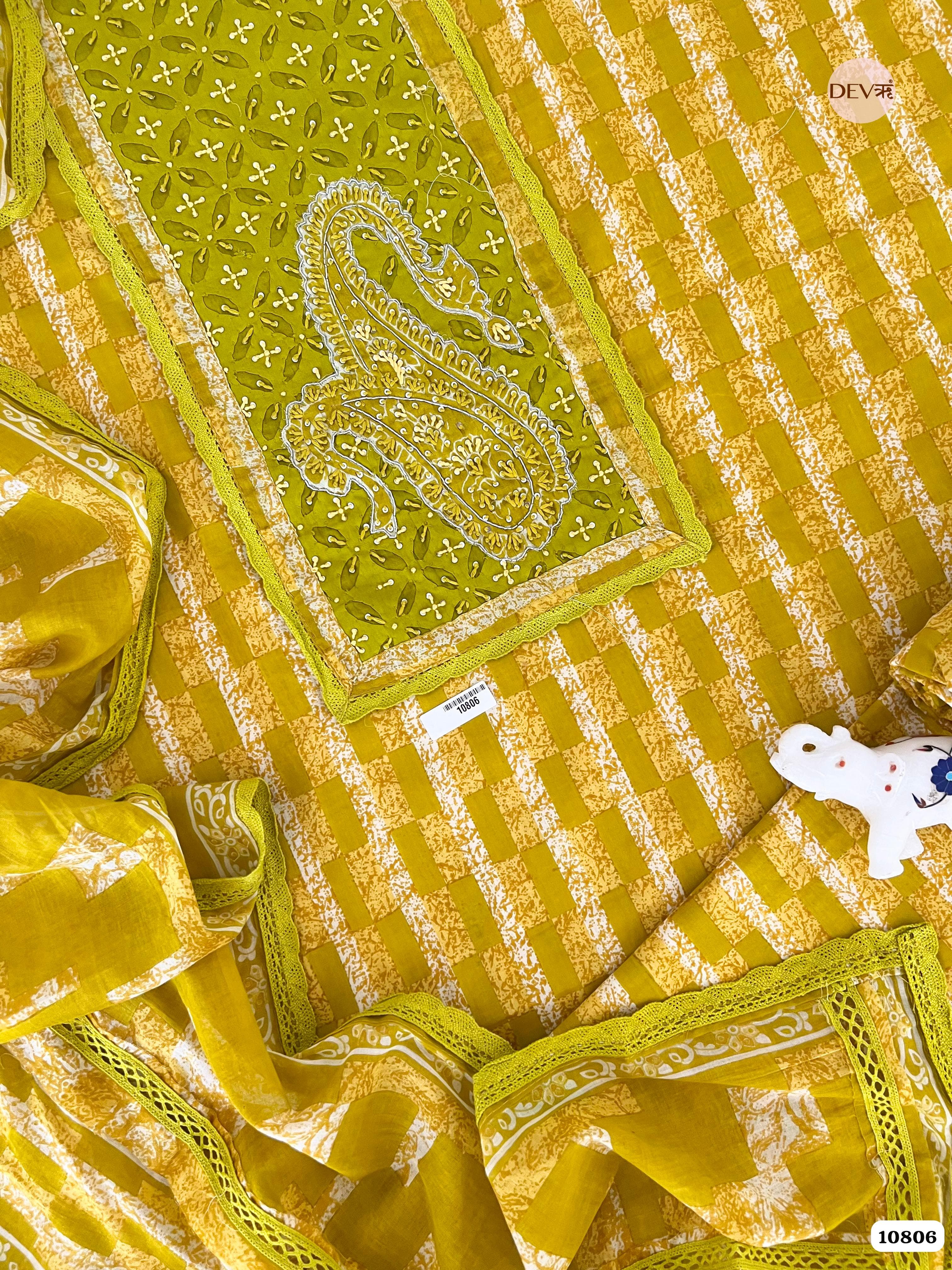 Yellow Cotton Jaipuri Printed Hand Embroidered -Set Of 3 {10806}