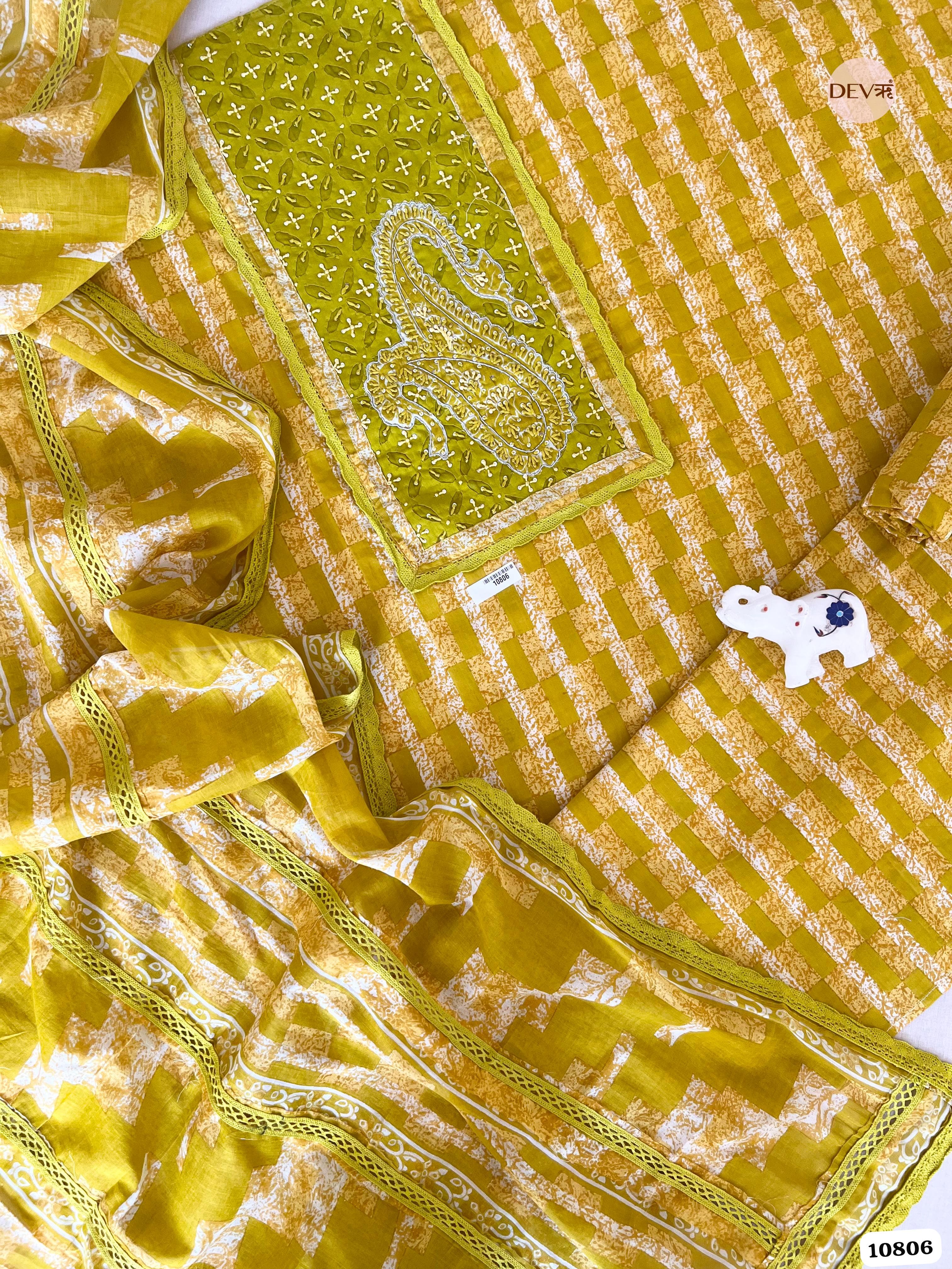 Yellow Cotton Jaipuri Printed Hand Embroidered -Set Of 3 {10806}