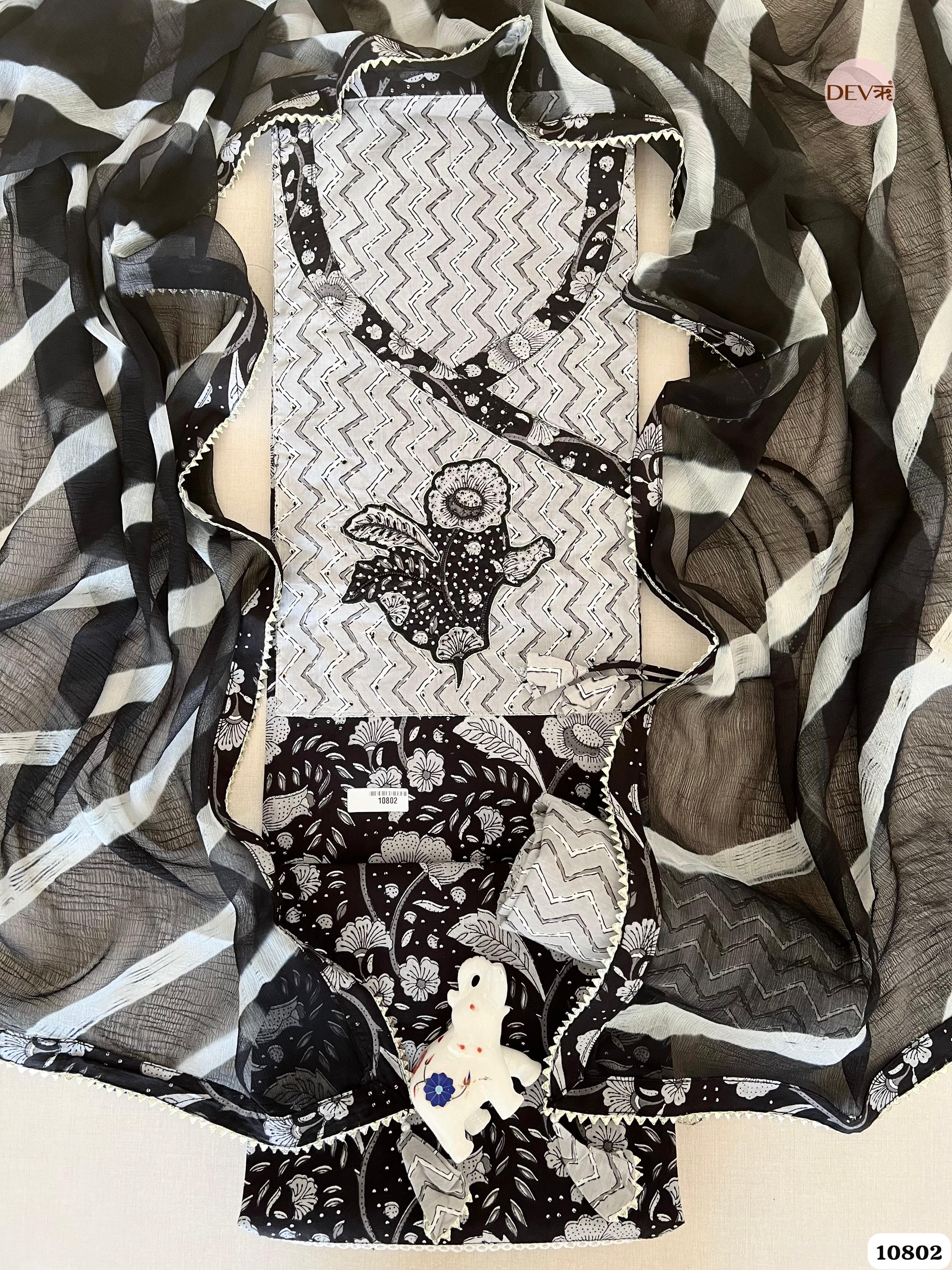 Black Cotton Jaipuri Printed Hand Embroidered -Set Of 3 {10802}