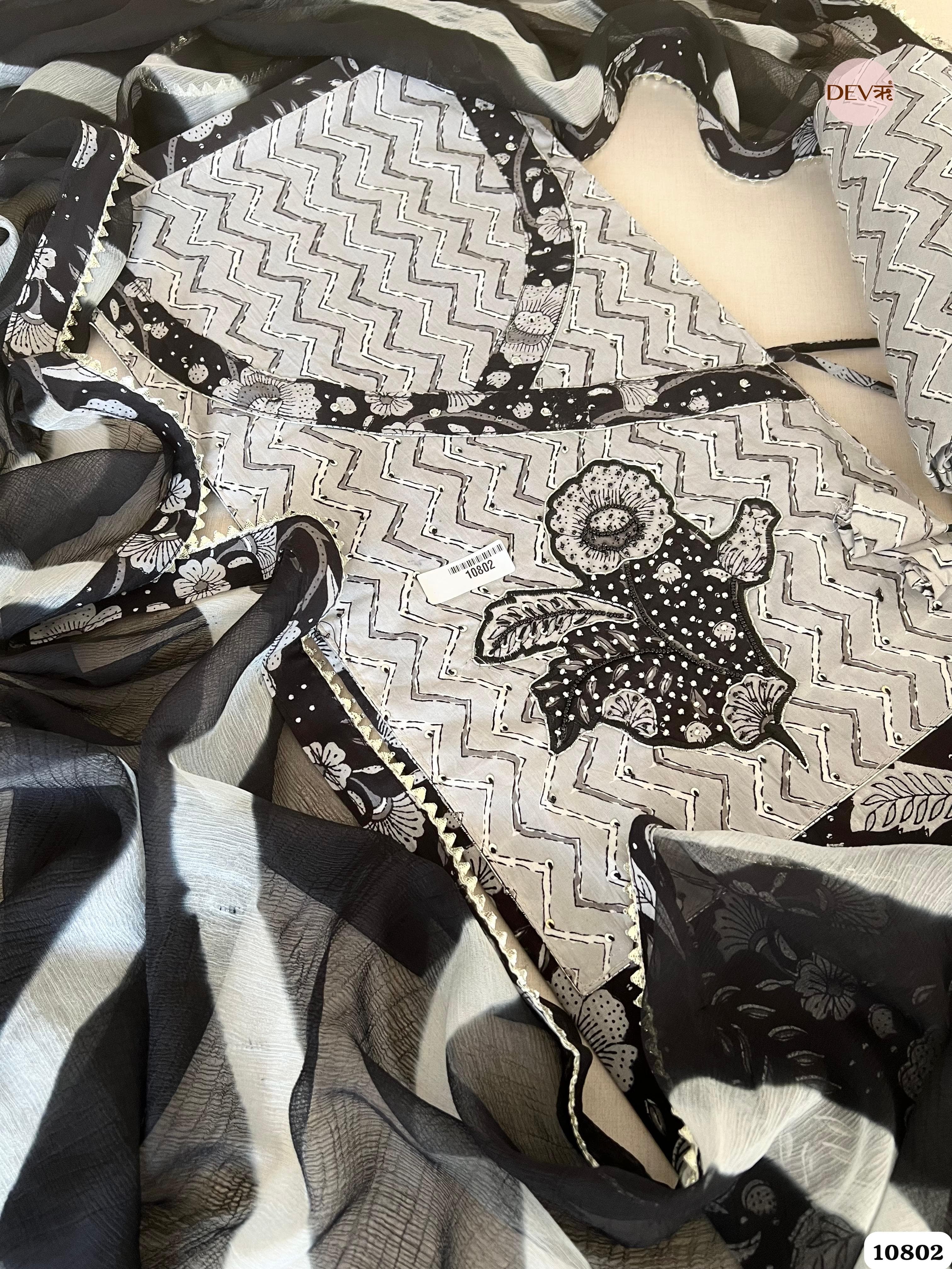 Black Cotton Jaipuri Printed Hand Embroidered -Set Of 3 {10802}