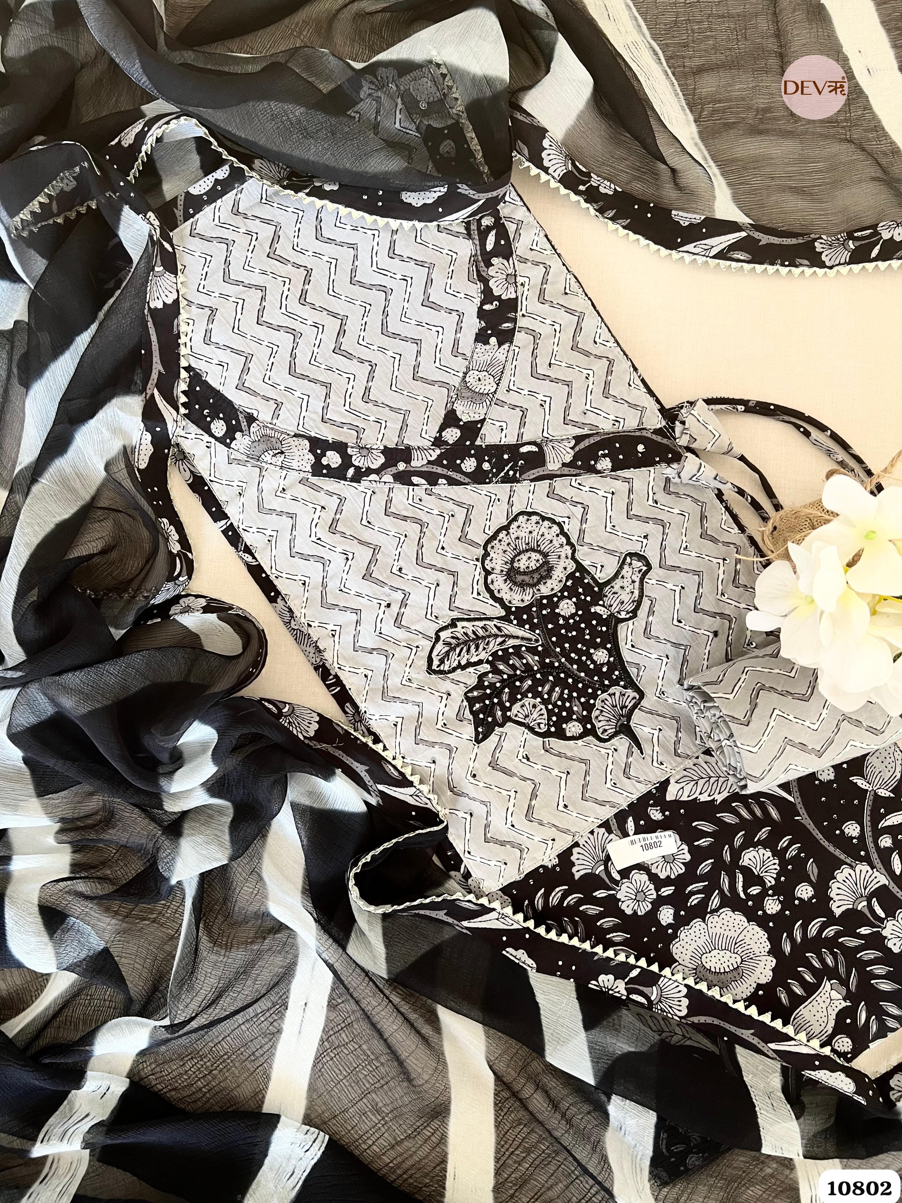 Black Cotton Jaipuri Printed Hand Embroidered -Set Of 3 {10802}