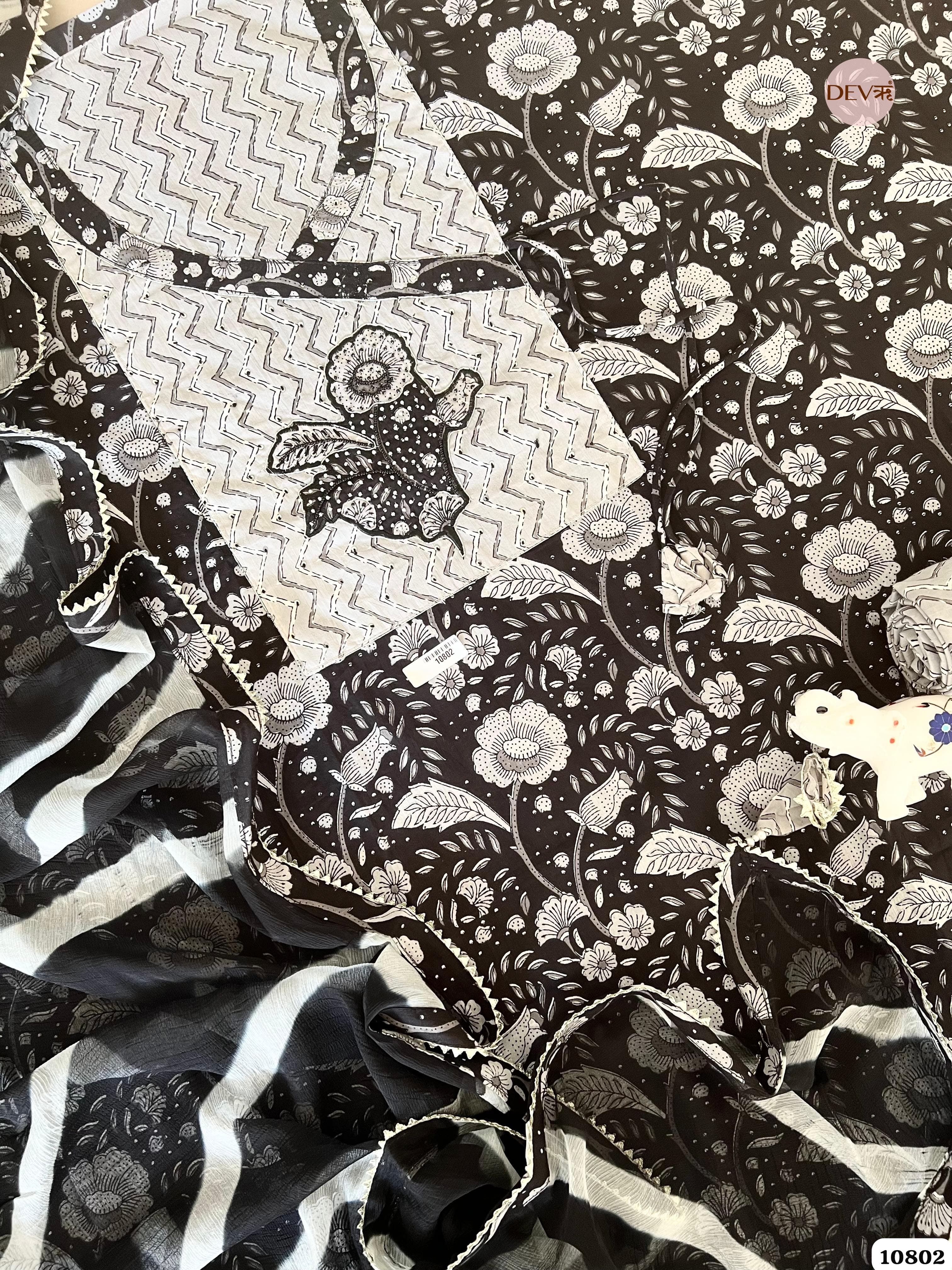 Black Cotton Jaipuri Printed Hand Embroidered -Set Of 3 {10802}