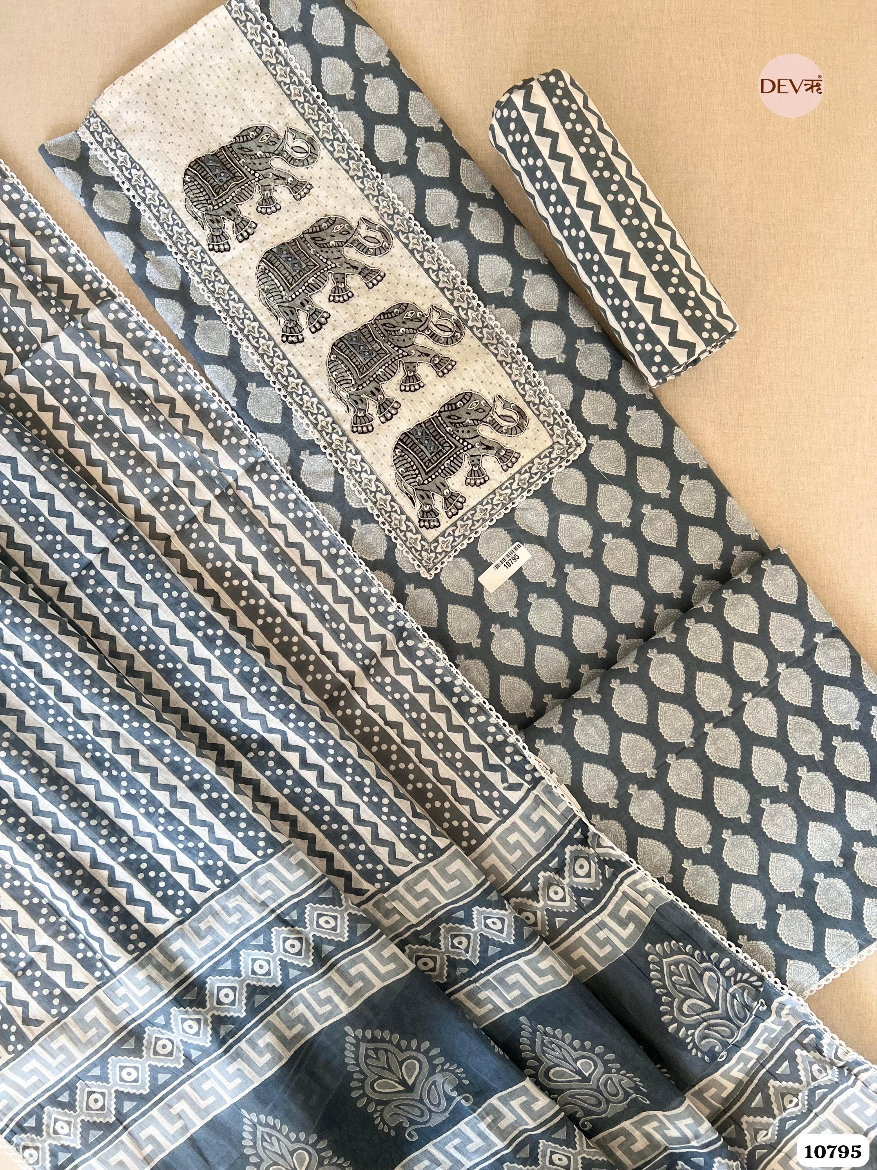 Bluish grey Cotton Jaipuri Printed Hand Embroidered -Set Of 3 {10795}