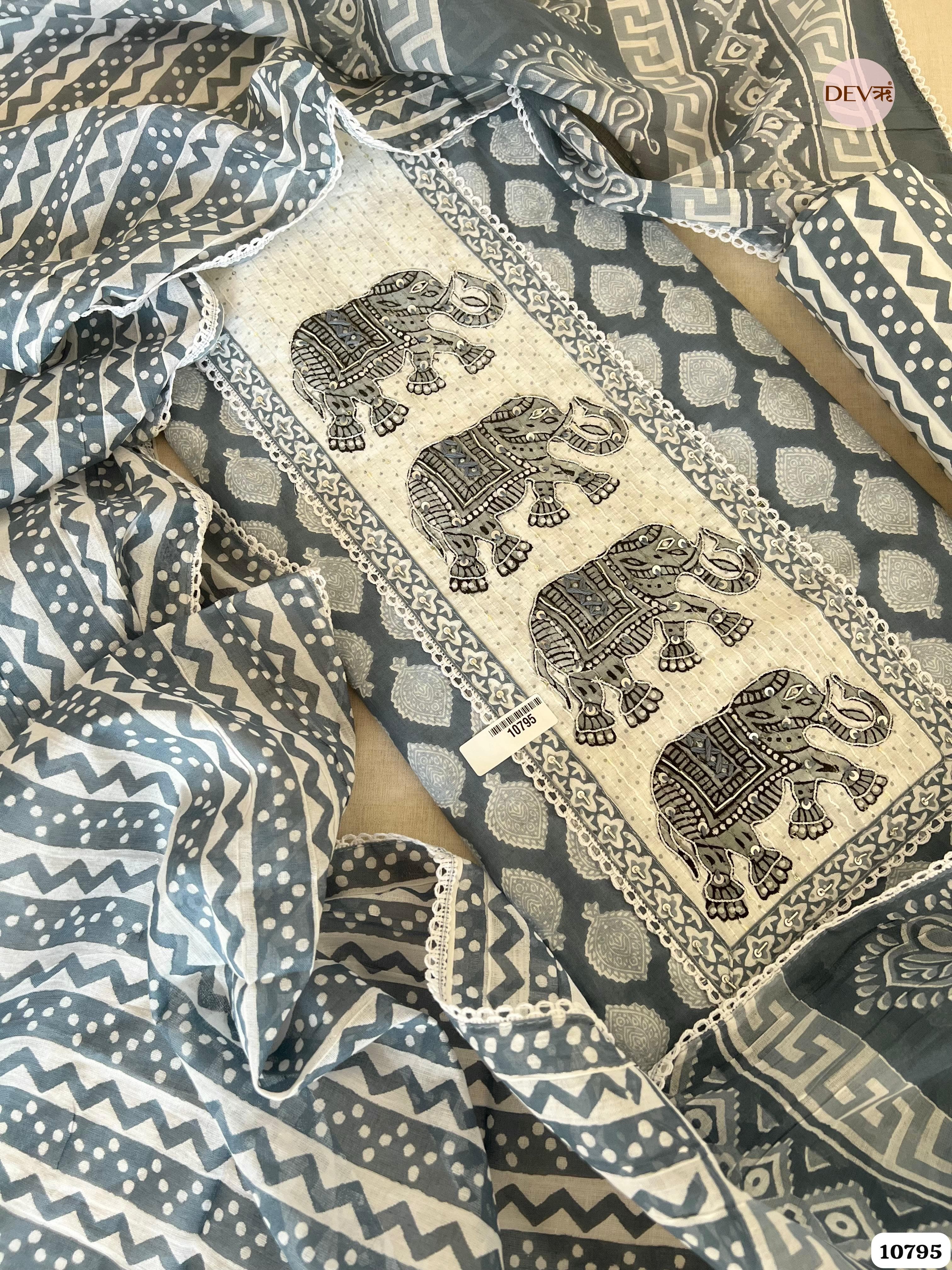 Bluish grey Cotton Jaipuri Printed Hand Embroidered -Set Of 3 {10795}