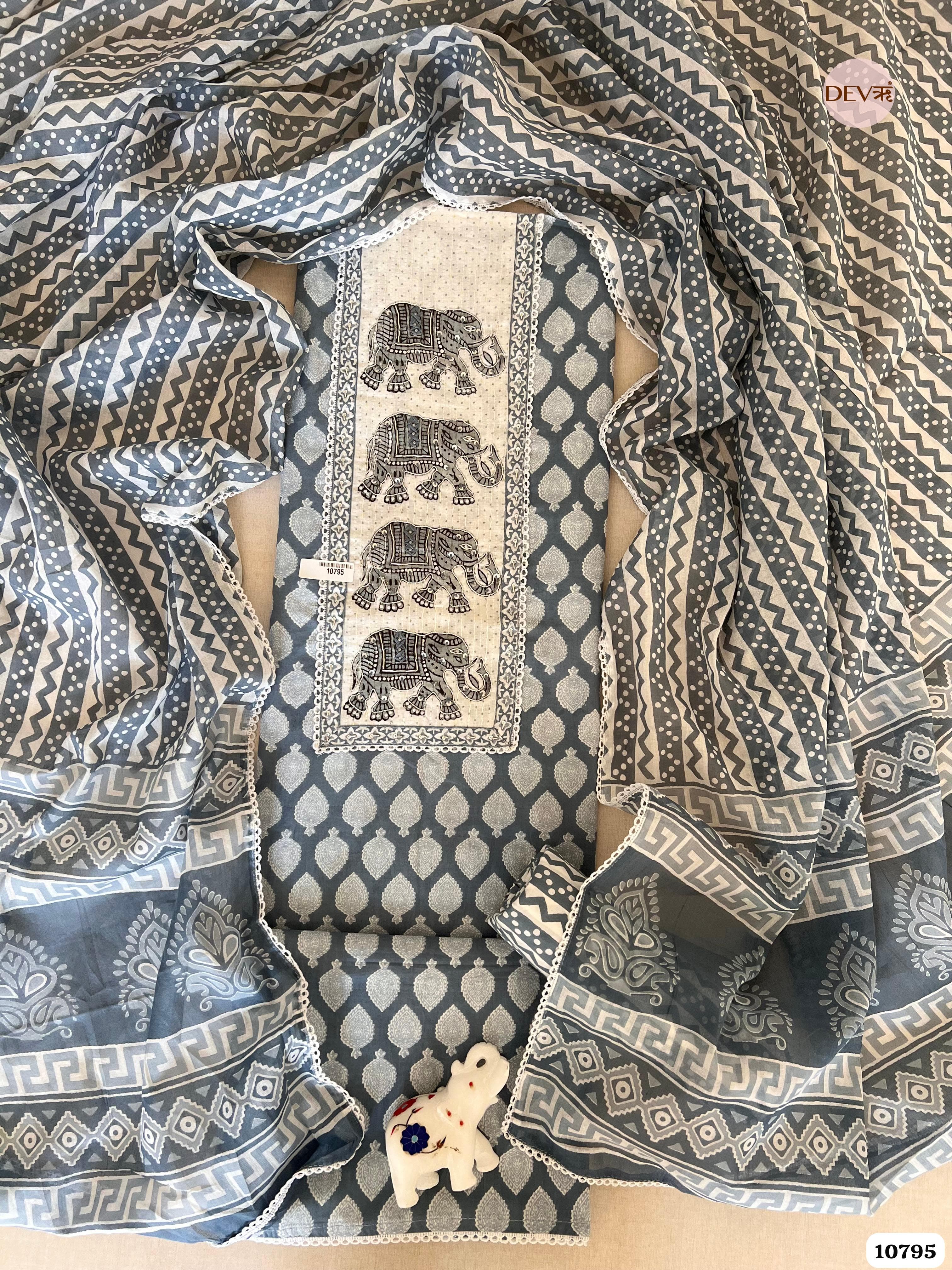 Bluish grey Cotton Jaipuri Printed Hand Embroidered -Set Of 3 {10795}