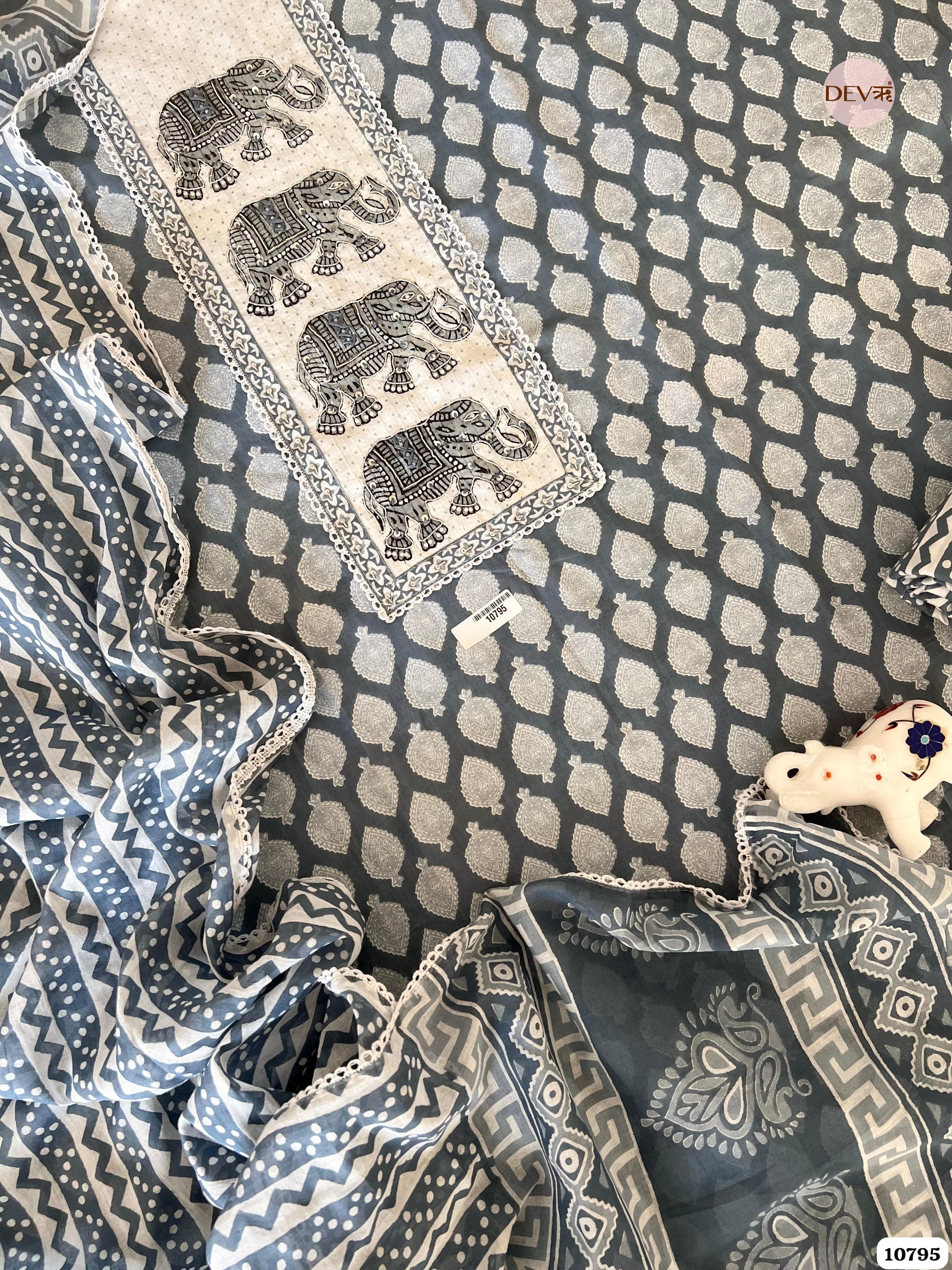 Bluish grey Cotton Jaipuri Printed Hand Embroidered -Set Of 3 {10795}
