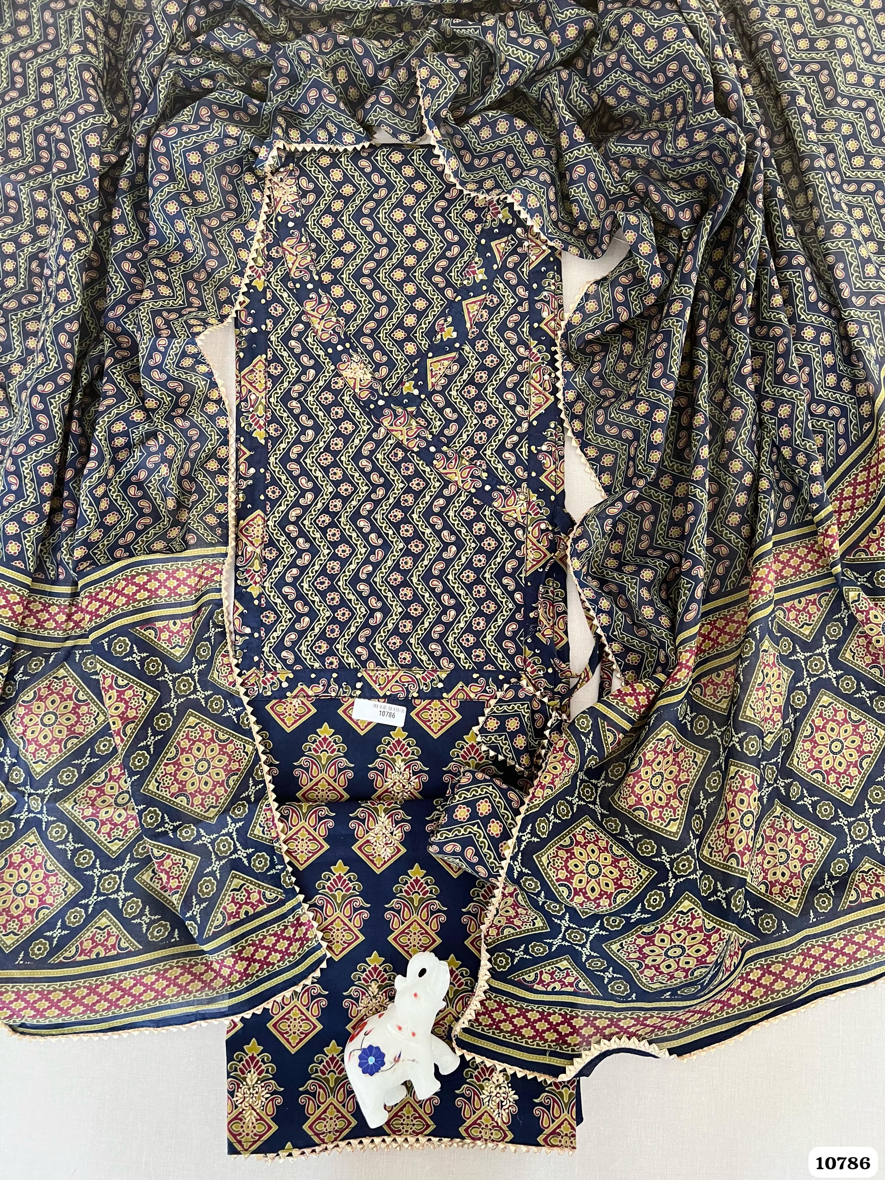 Blue Cotton Jaipuri Printed Hand Embroidered -Set Of 3 {10786}