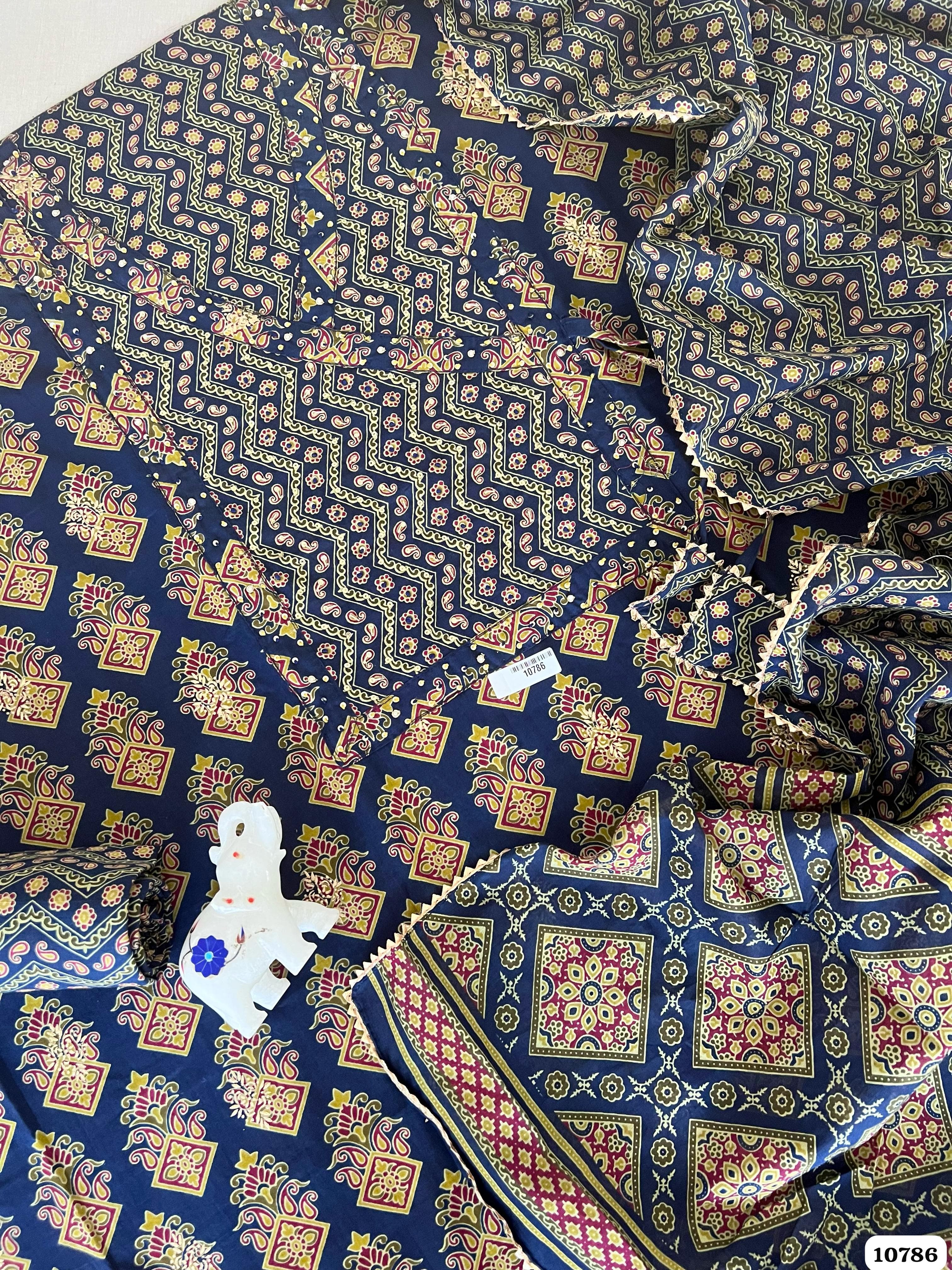 Blue Cotton Jaipuri Printed Hand Embroidered -Set Of 3 {10786}