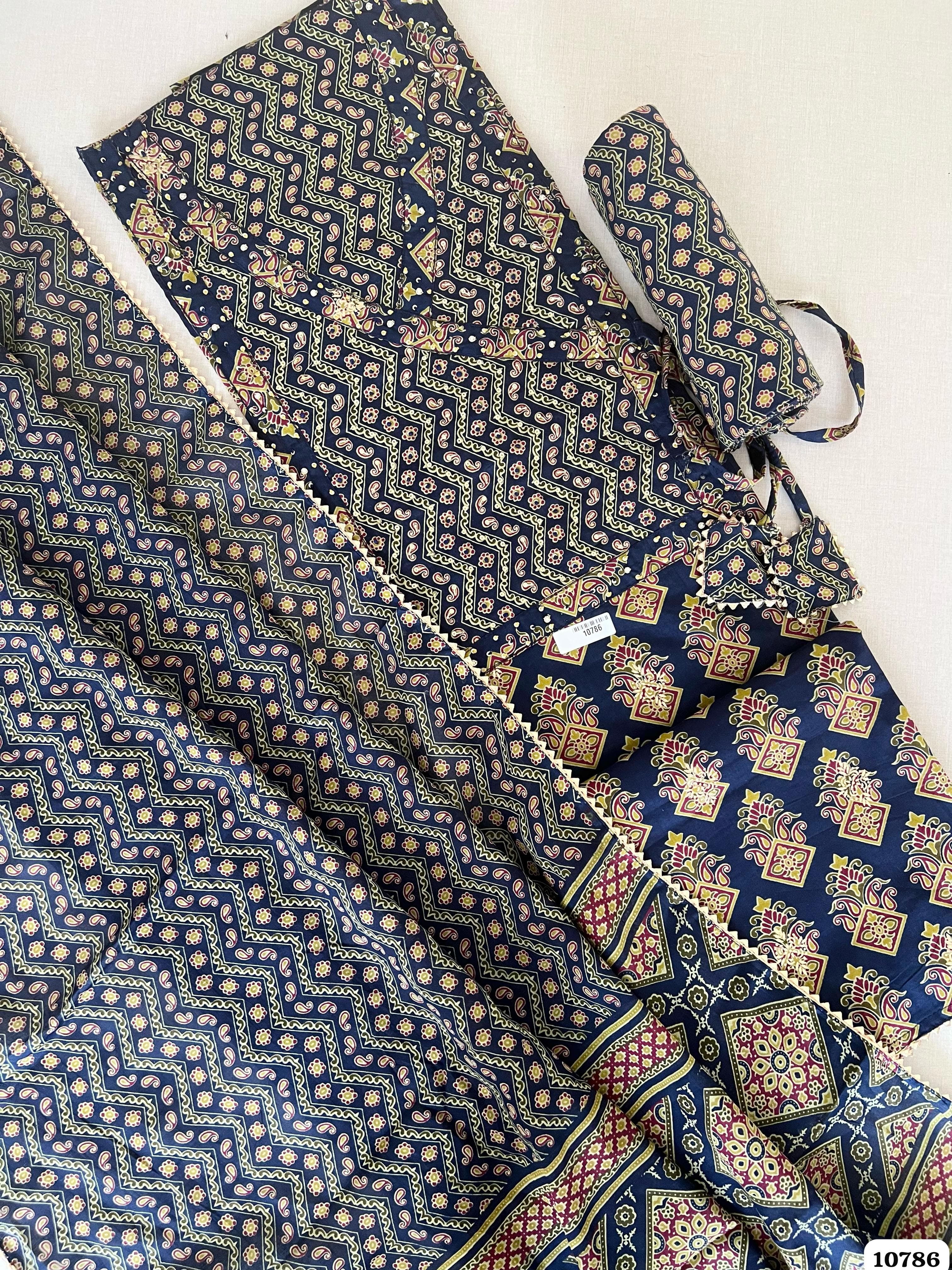 Blue Cotton Jaipuri Printed Hand Embroidered -Set Of 3 {10786}