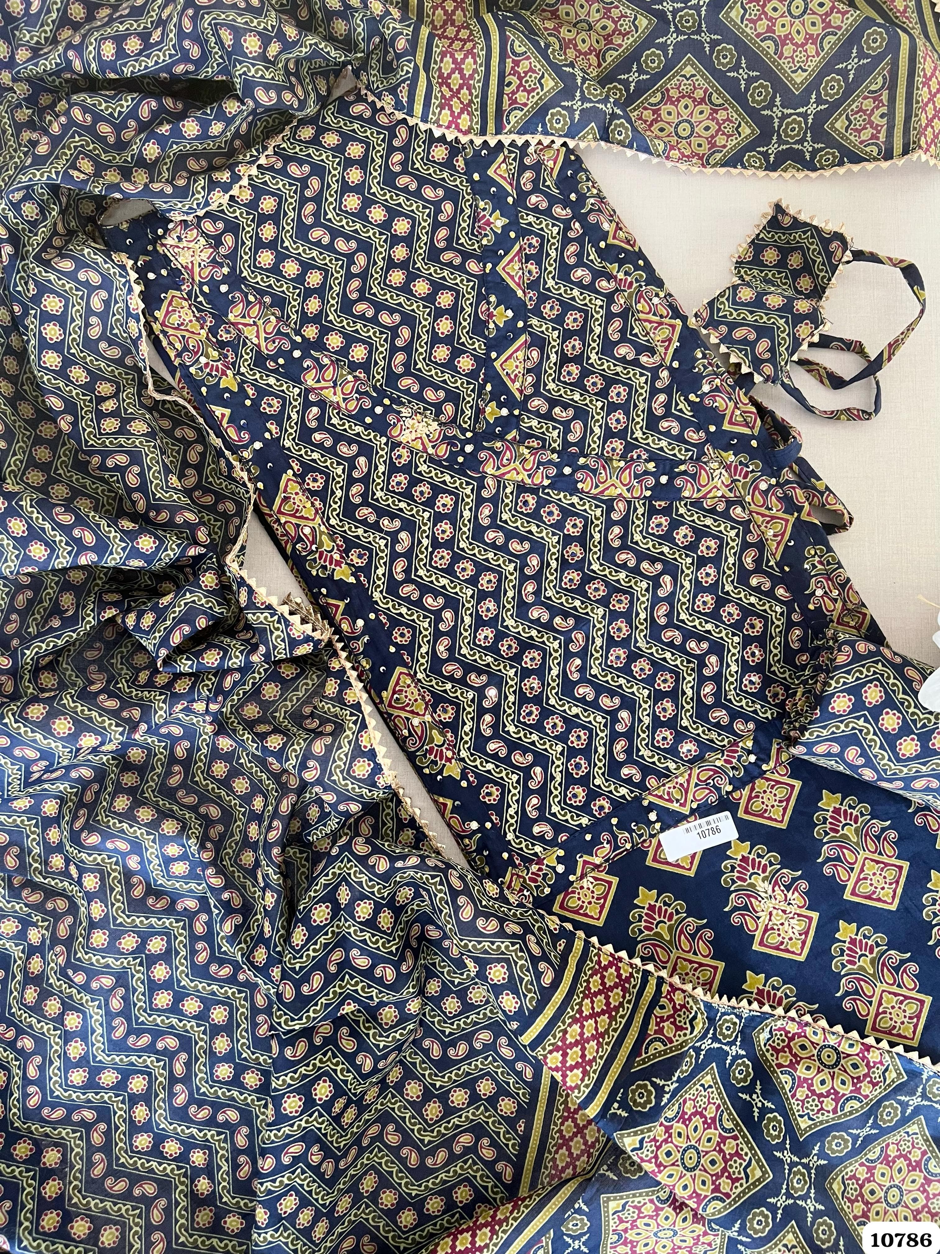 Blue Cotton Jaipuri Printed Hand Embroidered -Set Of 3 {10786}