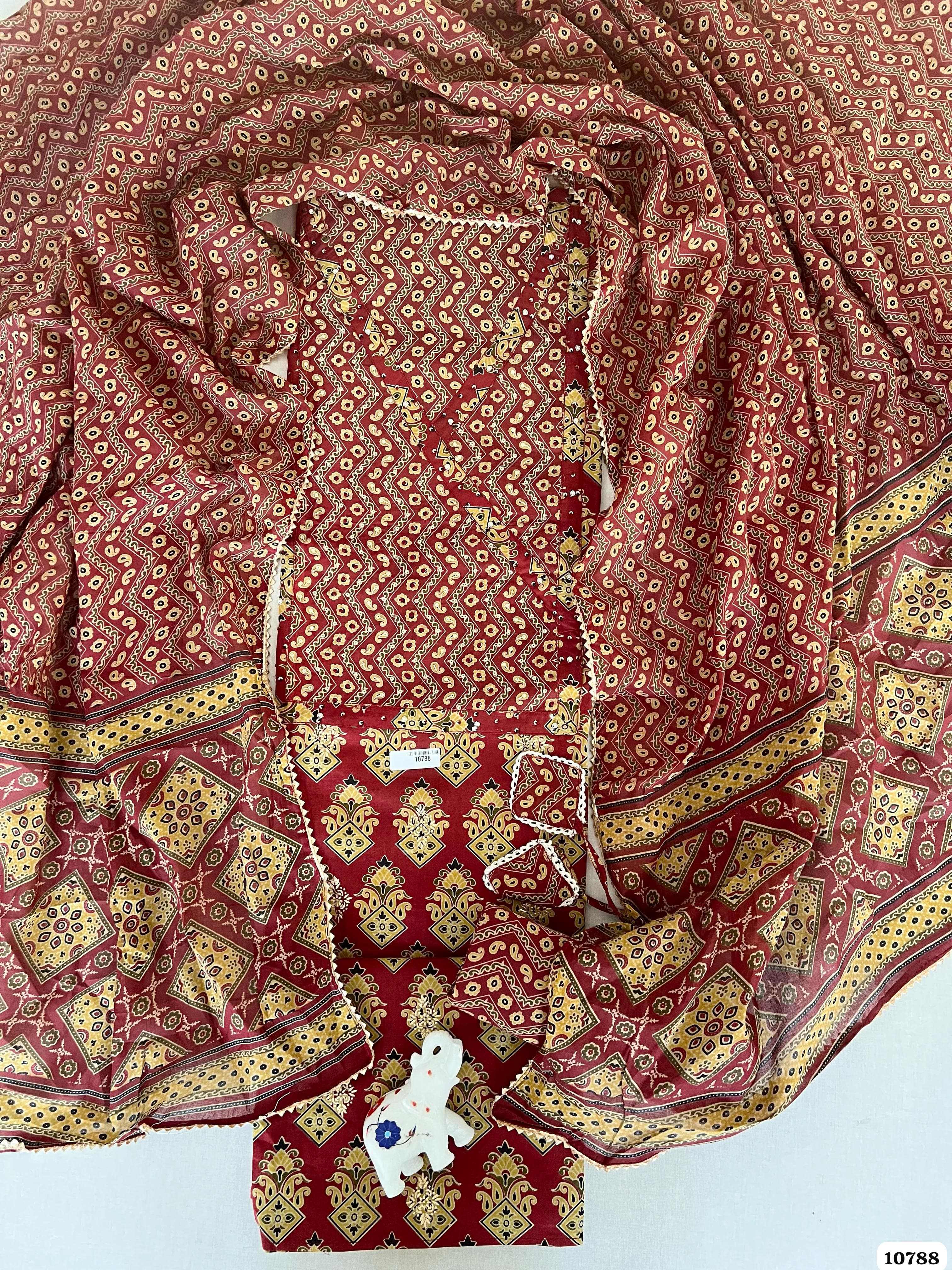 Maroon Cotton Jaipuri Printed Hand Embroidered -Set Of 3 {10788}