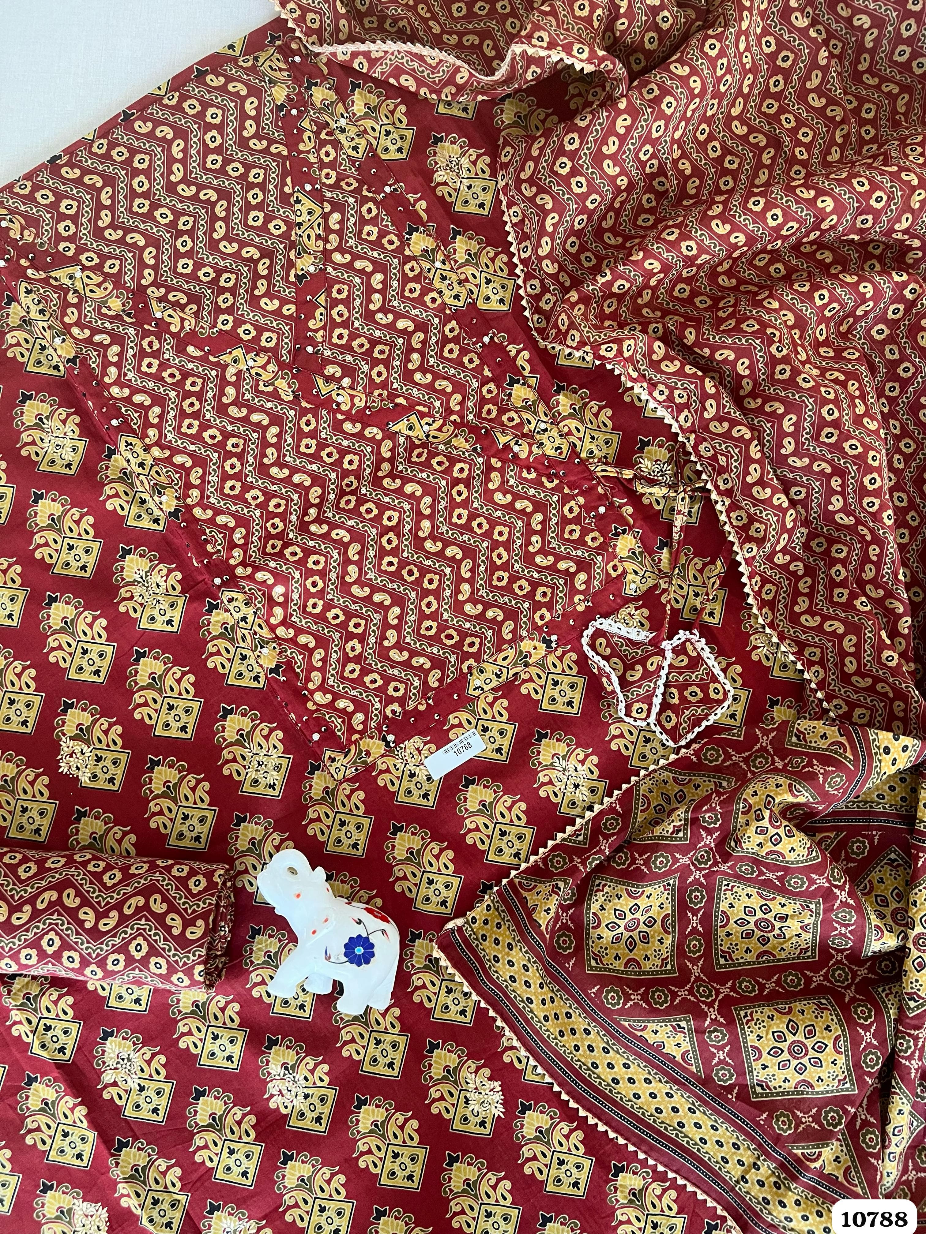 Maroon Cotton Jaipuri Printed Hand Embroidered -Set Of 3 {10788}