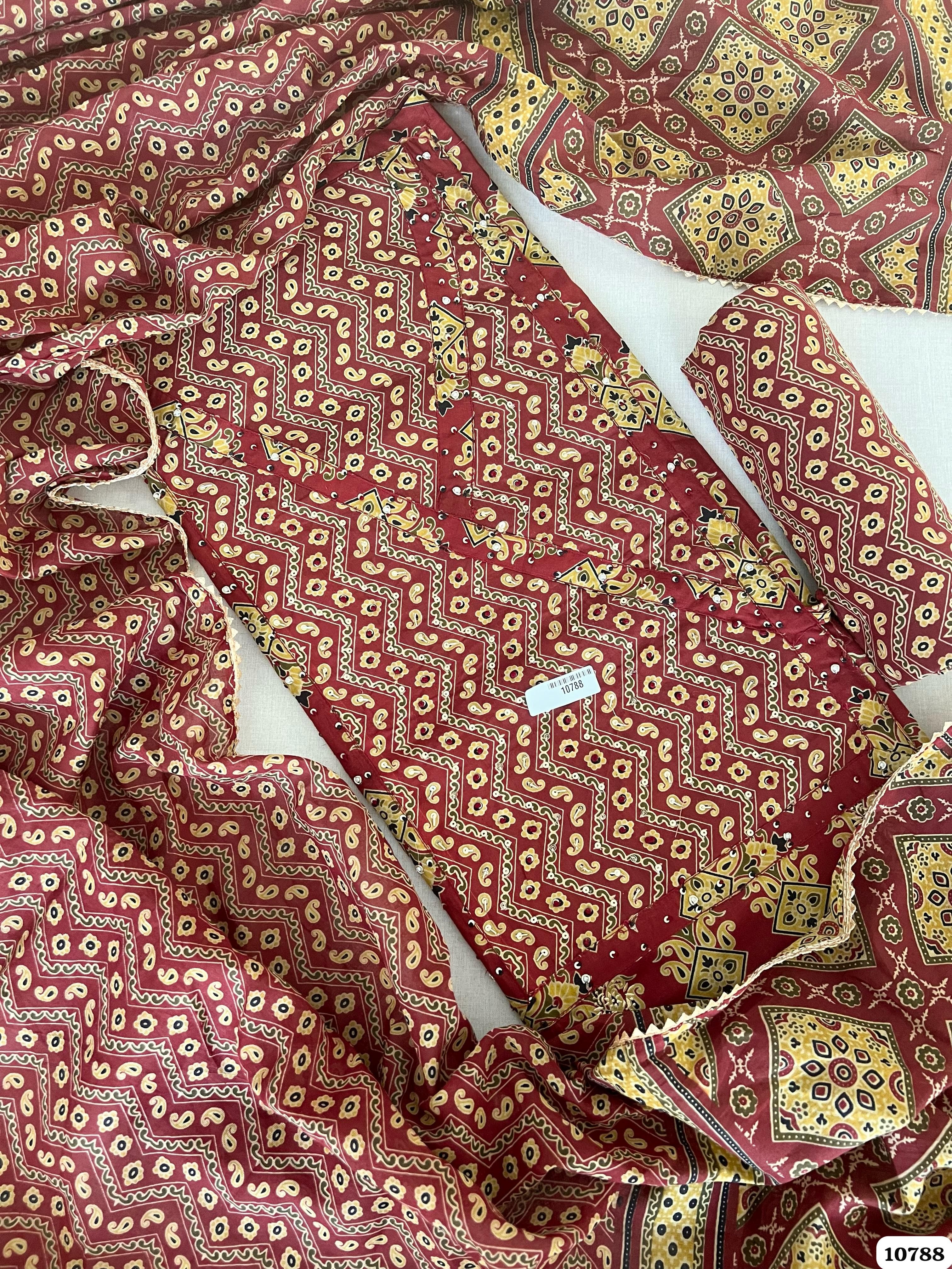 Maroon Cotton Jaipuri Printed Hand Embroidered -Set Of 3 {10788}