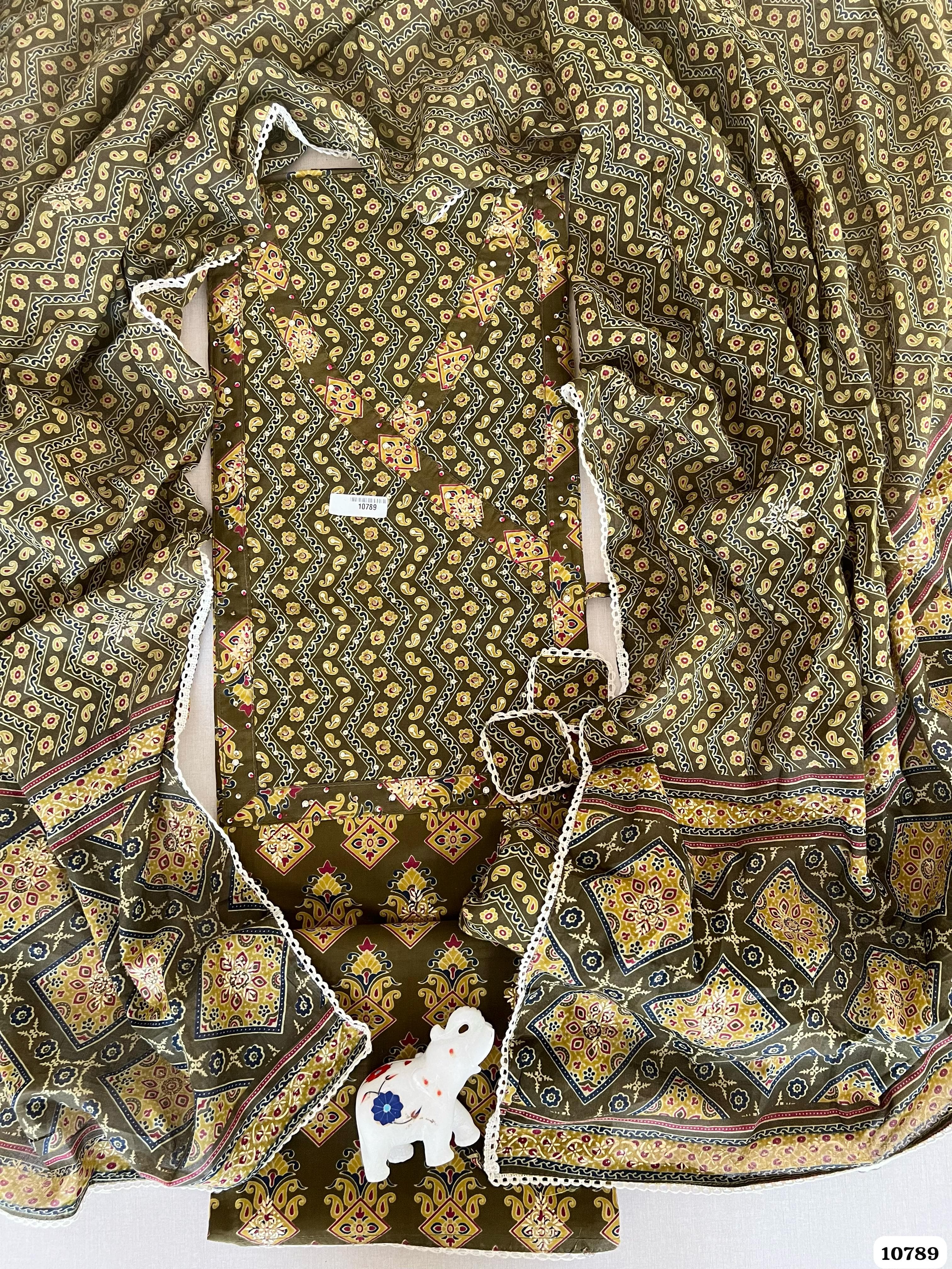 Green Cotton Jaipuri Printed Hand Embroidered -Set Of 3 {10789}