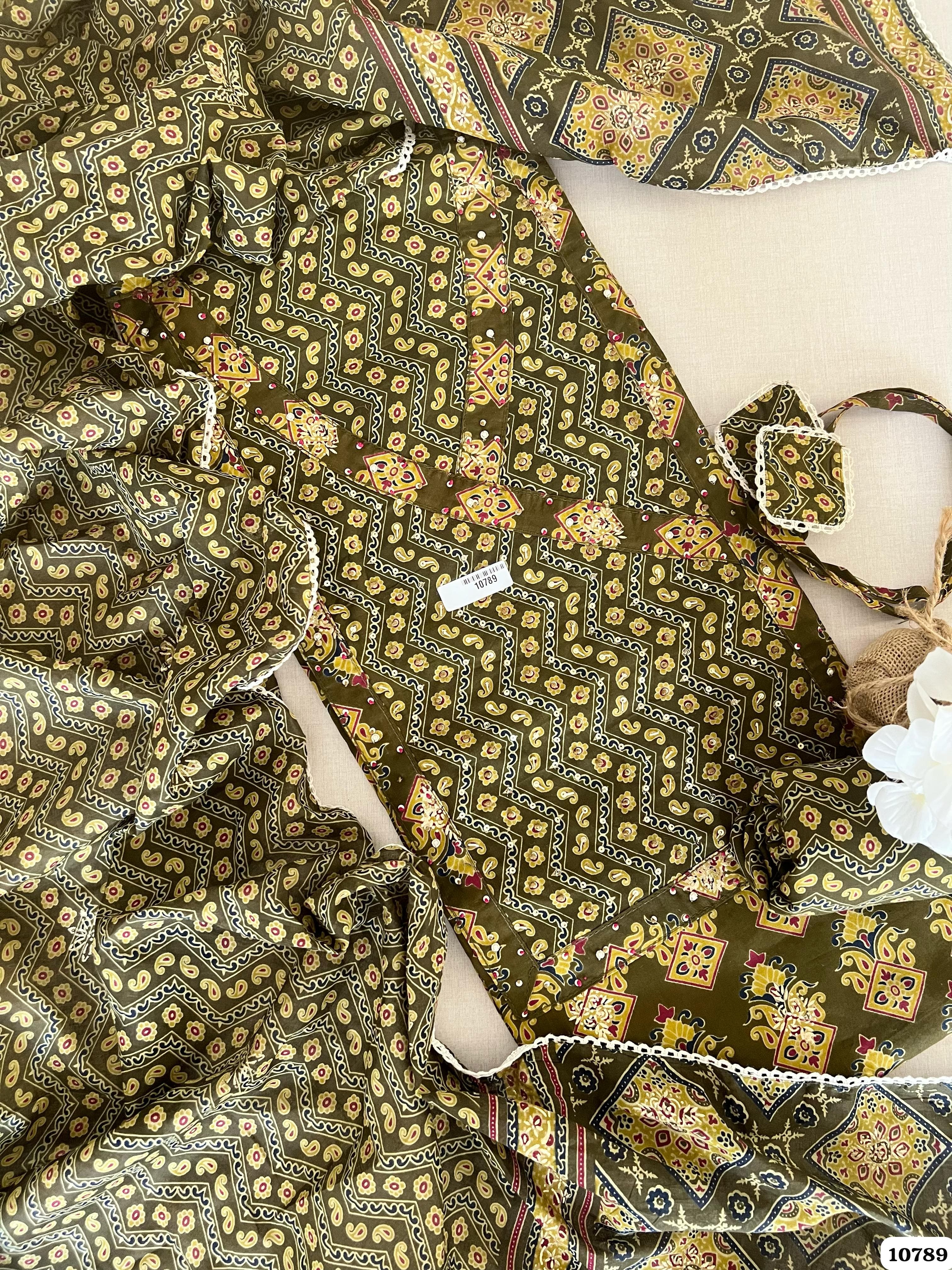 Green Cotton Jaipuri Printed Hand Embroidered -Set Of 3 {10789}
