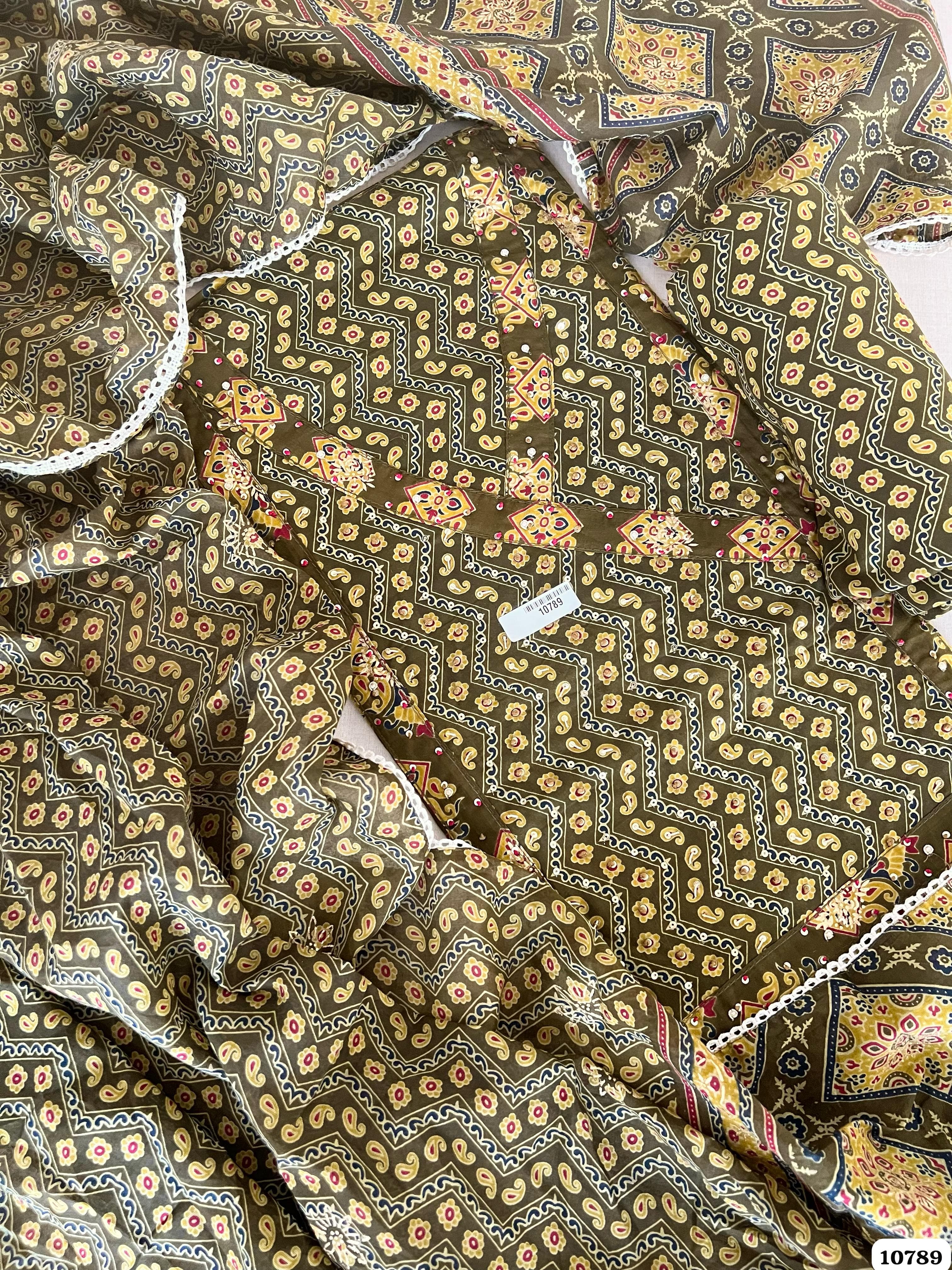 Green Cotton Jaipuri Printed Hand Embroidered -Set Of 3 {10789}