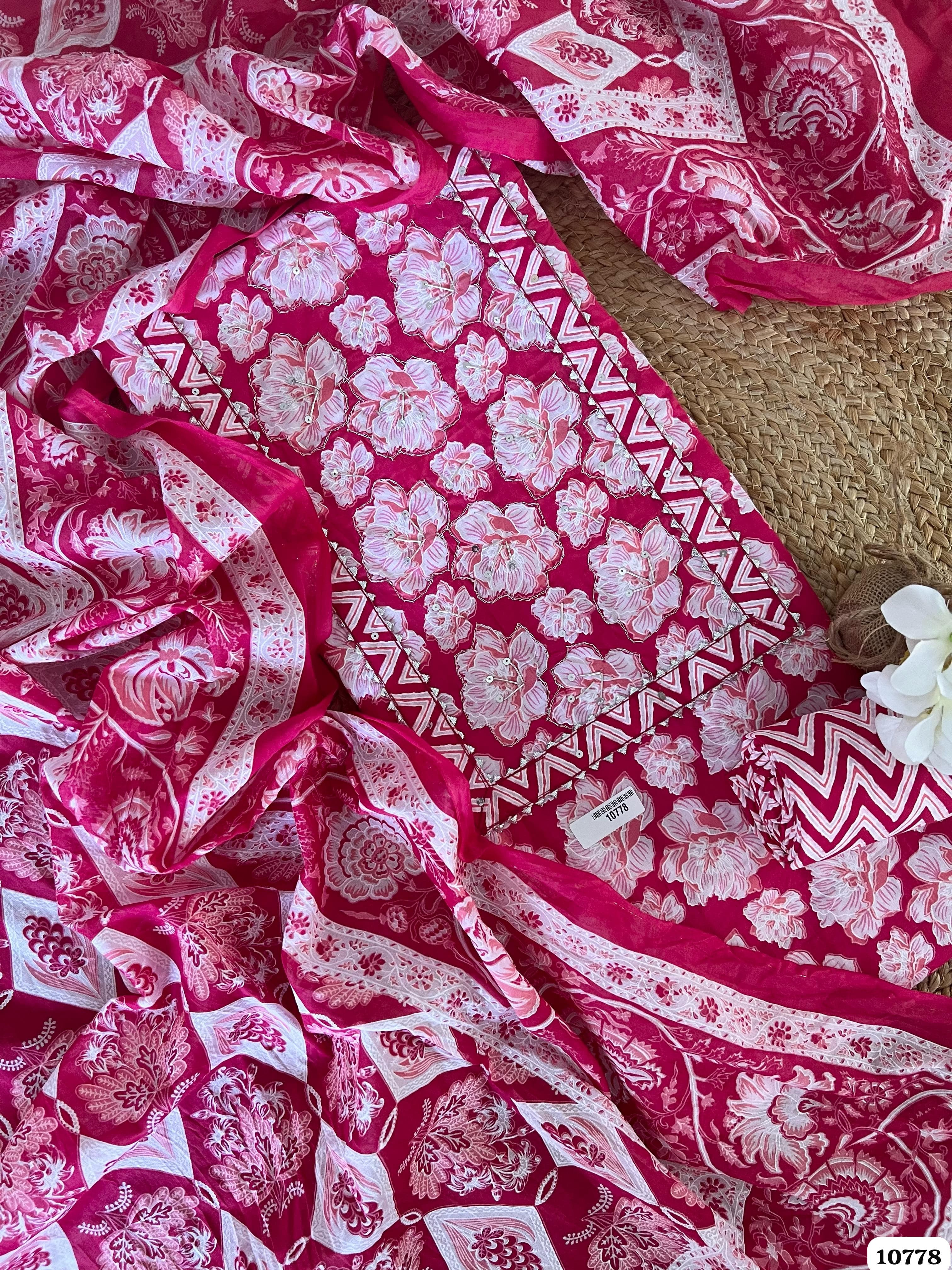 Pink Cotton Jaipuri Printed Hand Embroidered -Set Of 3 {10778}