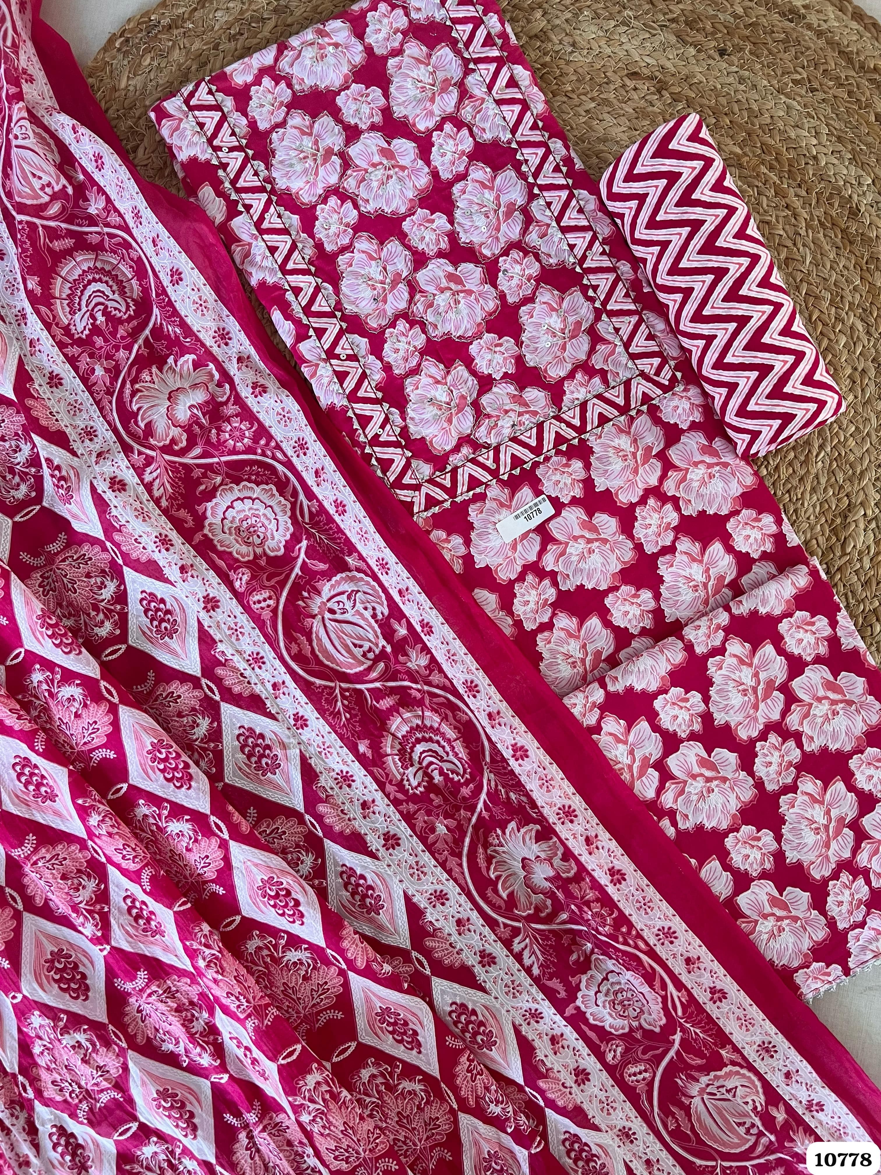 Pink Cotton Jaipuri Printed Hand Embroidered -Set Of 3 {10778}