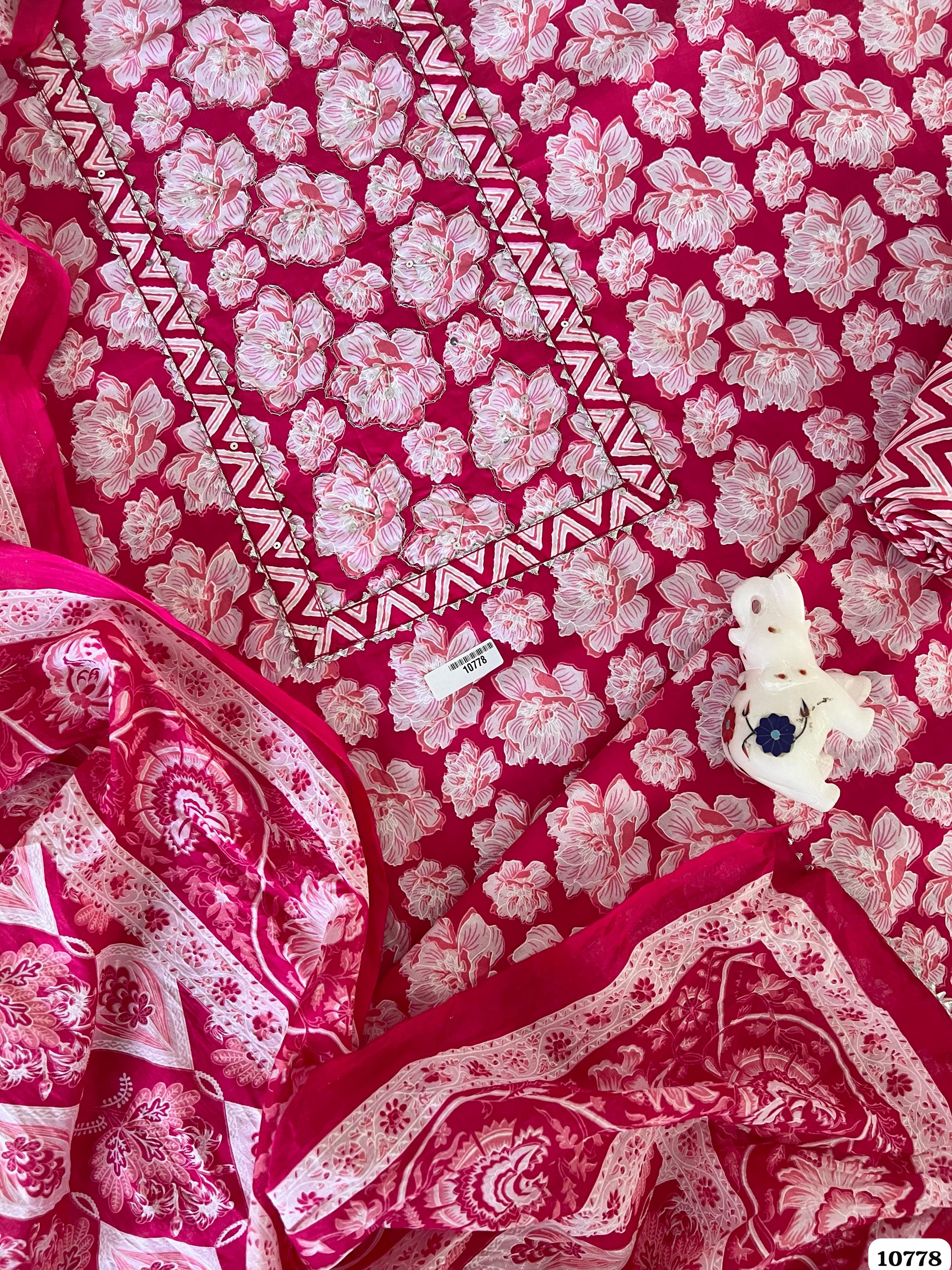 Pink Cotton Jaipuri Printed Hand Embroidered -Set Of 3 {10778}