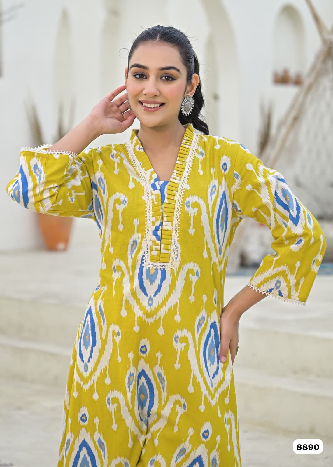 Yellow Cotton Printed Readymades Co-Ord -Set Of 2 {8890}