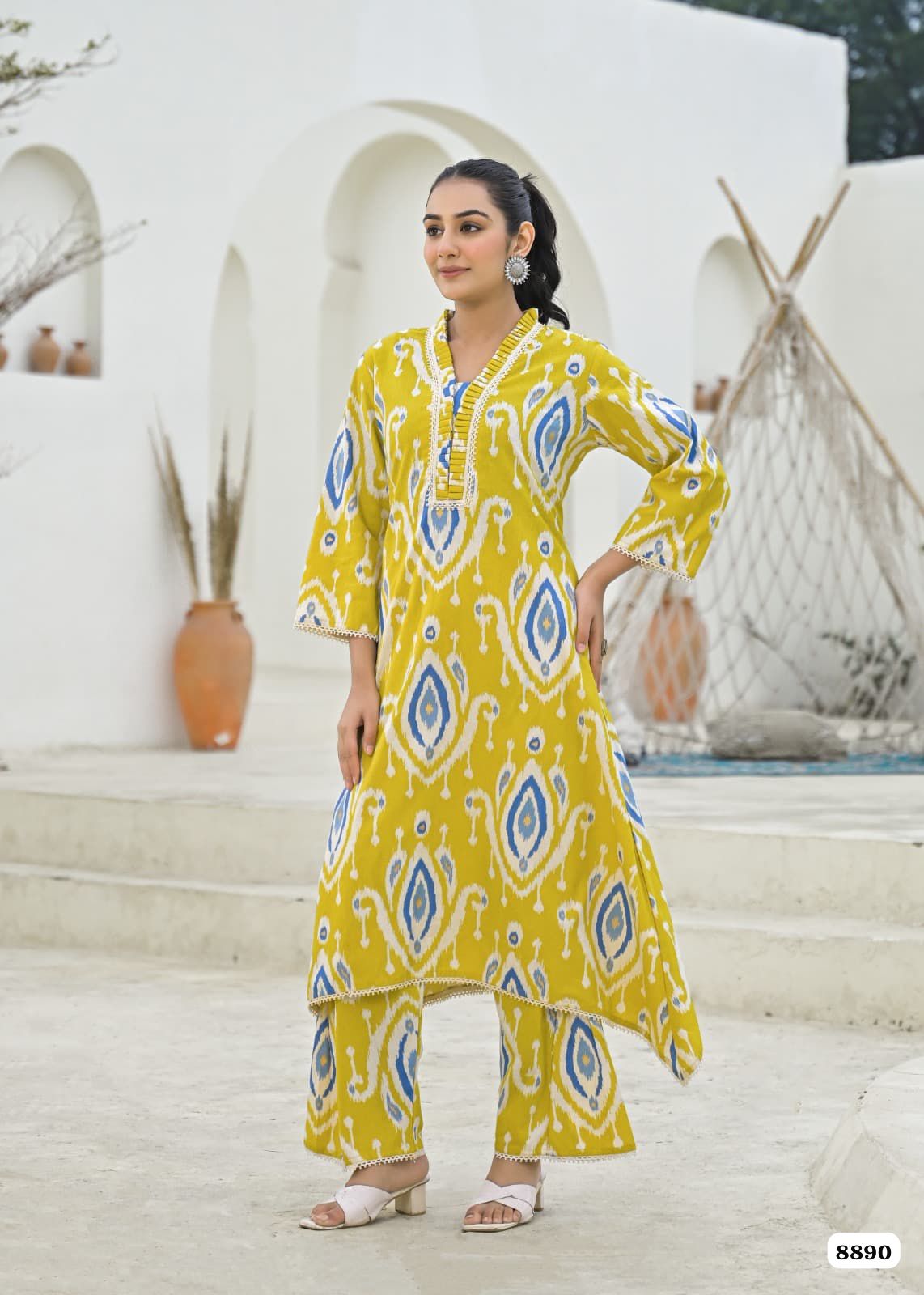 Yellow Cotton Printed Readymades Co-Ord -Set Of 2 {8890}