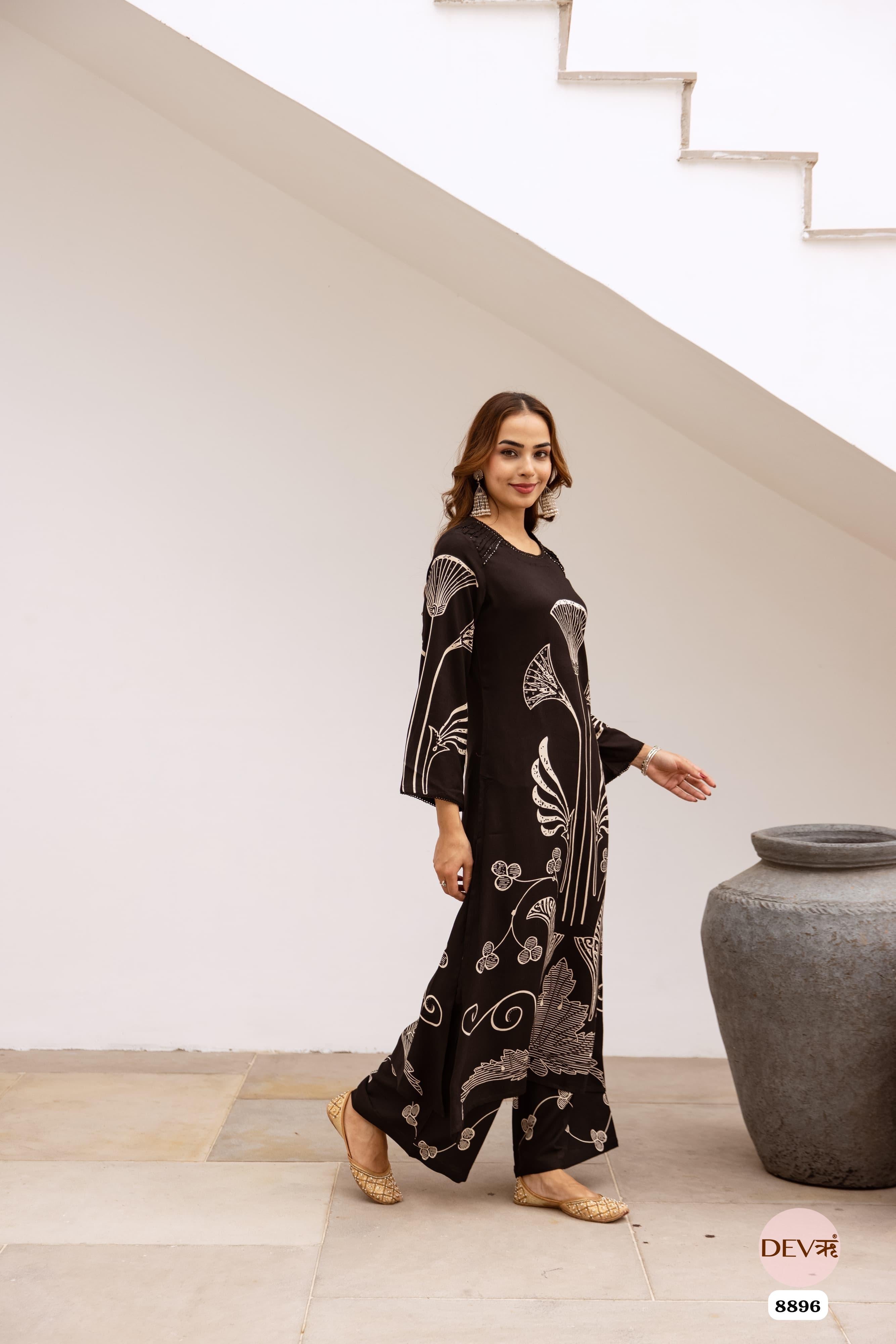 Black German Reyon Printed Readymades Co-Ord -Set Of 2 {8896}