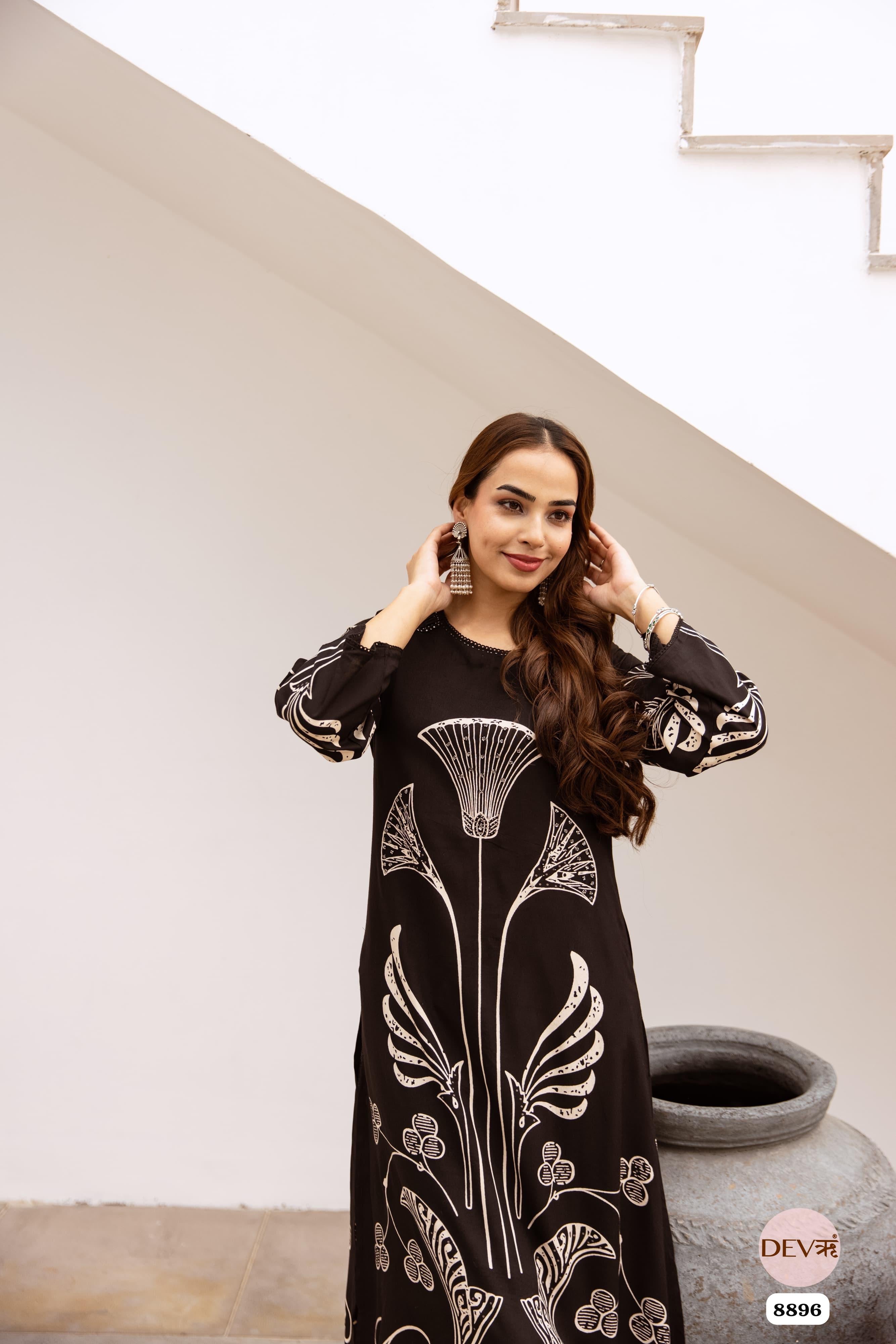 Black German Reyon Printed Readymades Co-Ord -Set Of 2 {8896}