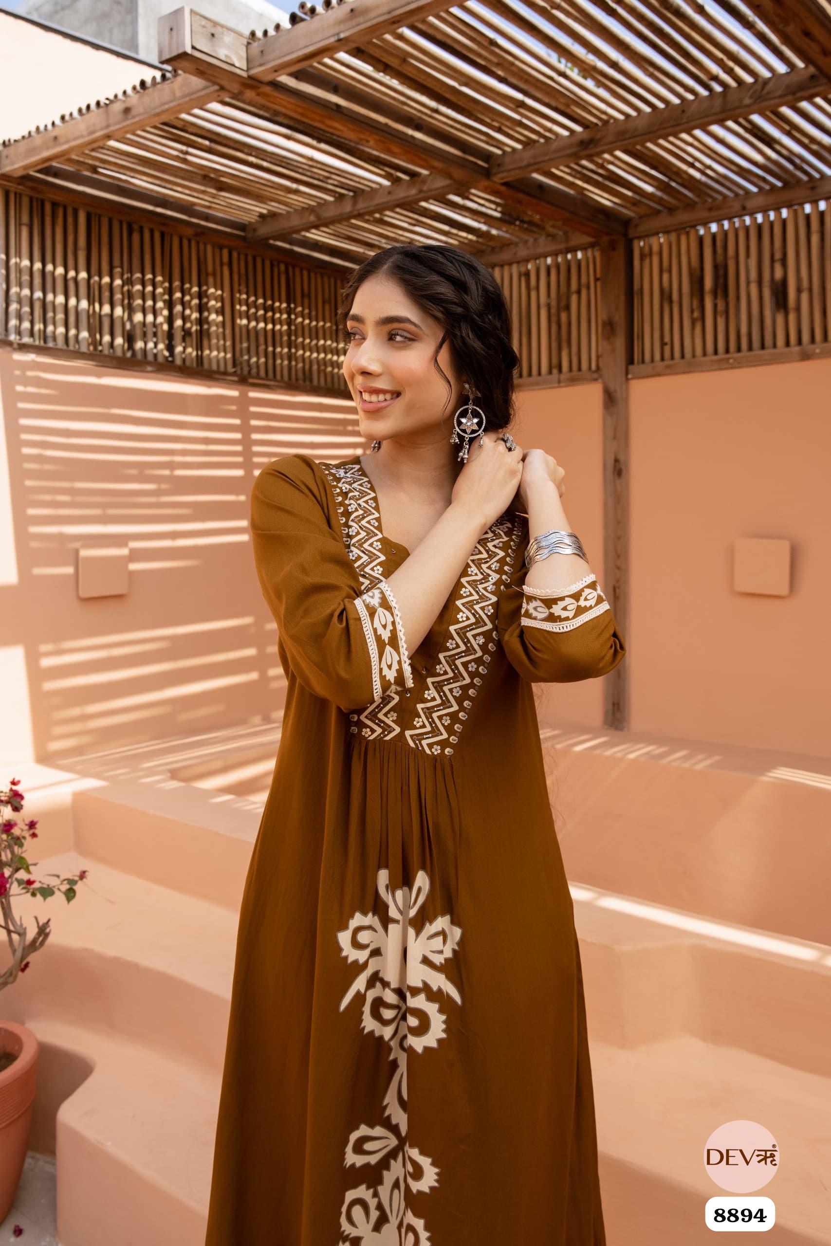 Brown German Reyon Printed Readymades Co-Ord -Set Of 2 {8894/M}