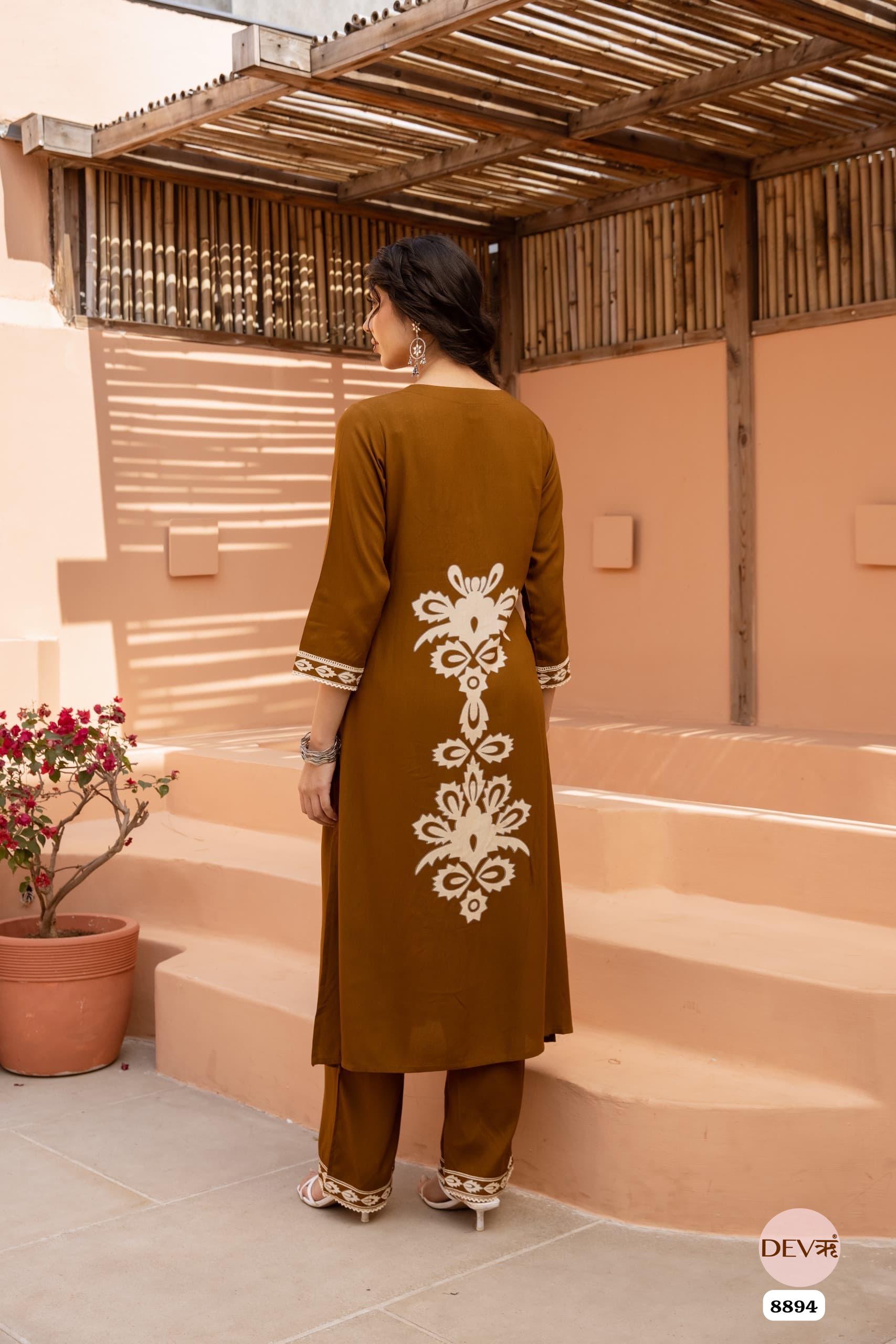 Brown German Reyon Printed Readymades Co-Ord -Set Of 2 {8894}