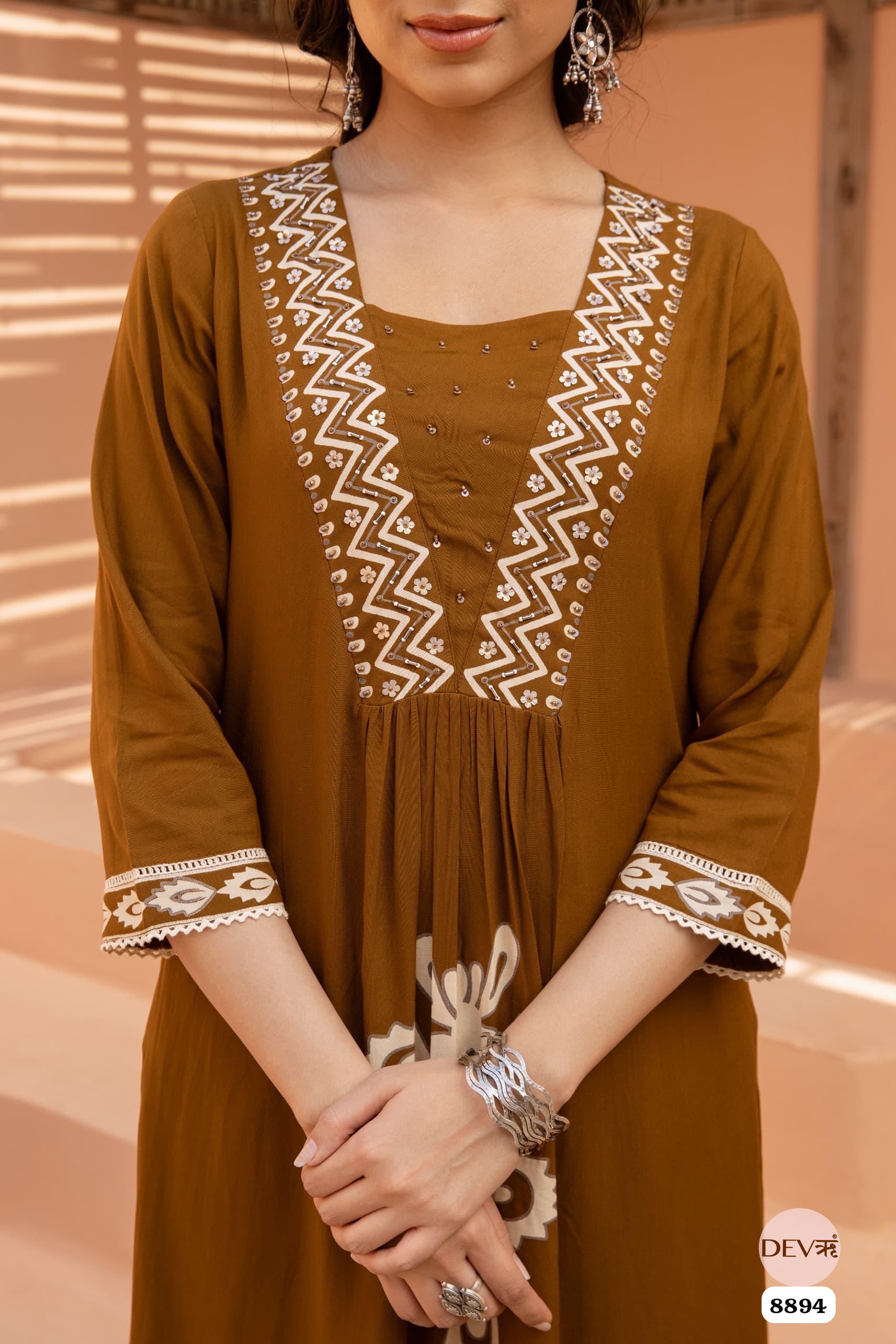 Brown German Reyon Printed Readymades Co-Ord -Set Of 2 {8894}