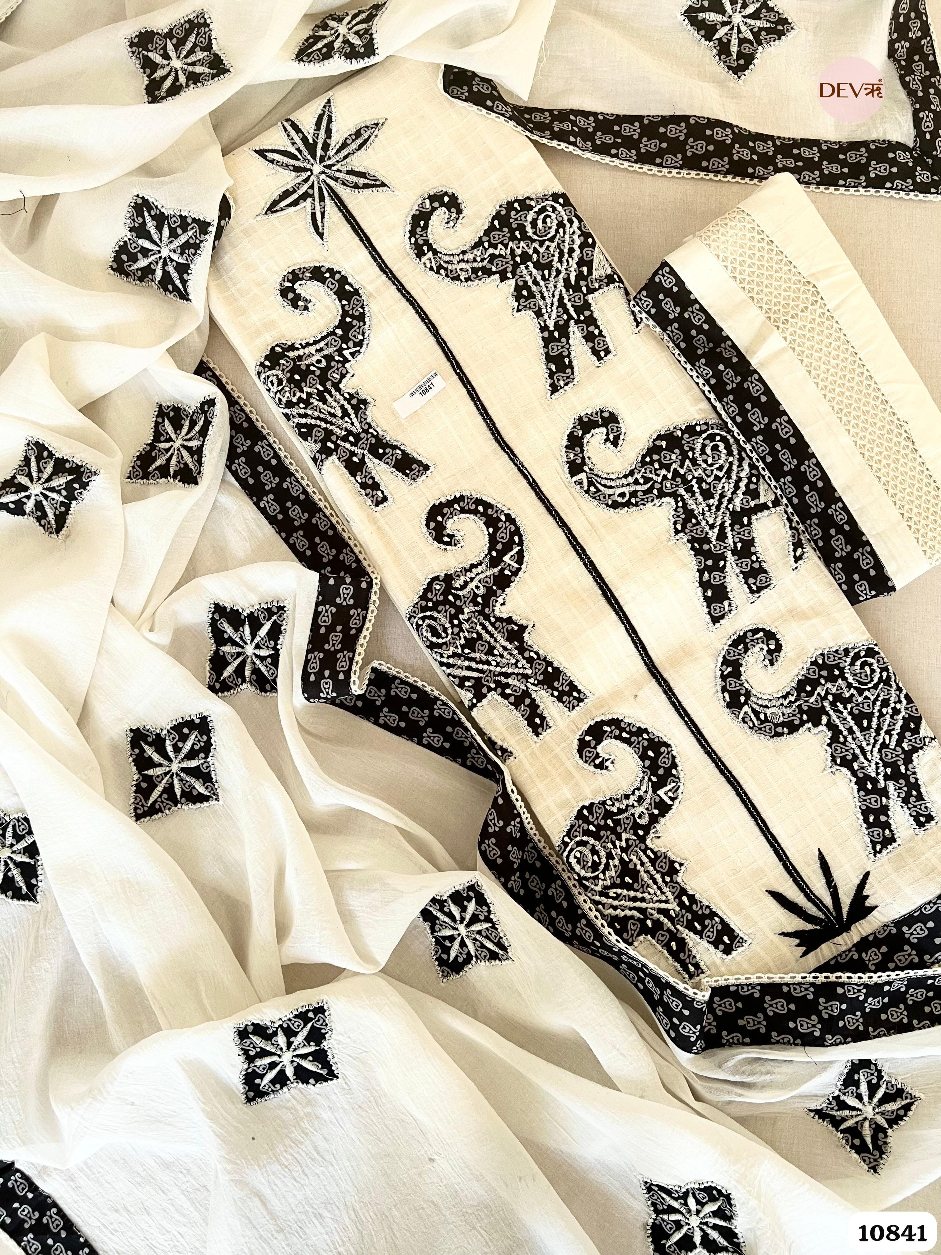 Off white Cotton Jaipuri Printed Hand Appliqué Embroidered -Set Of 3 {10841}