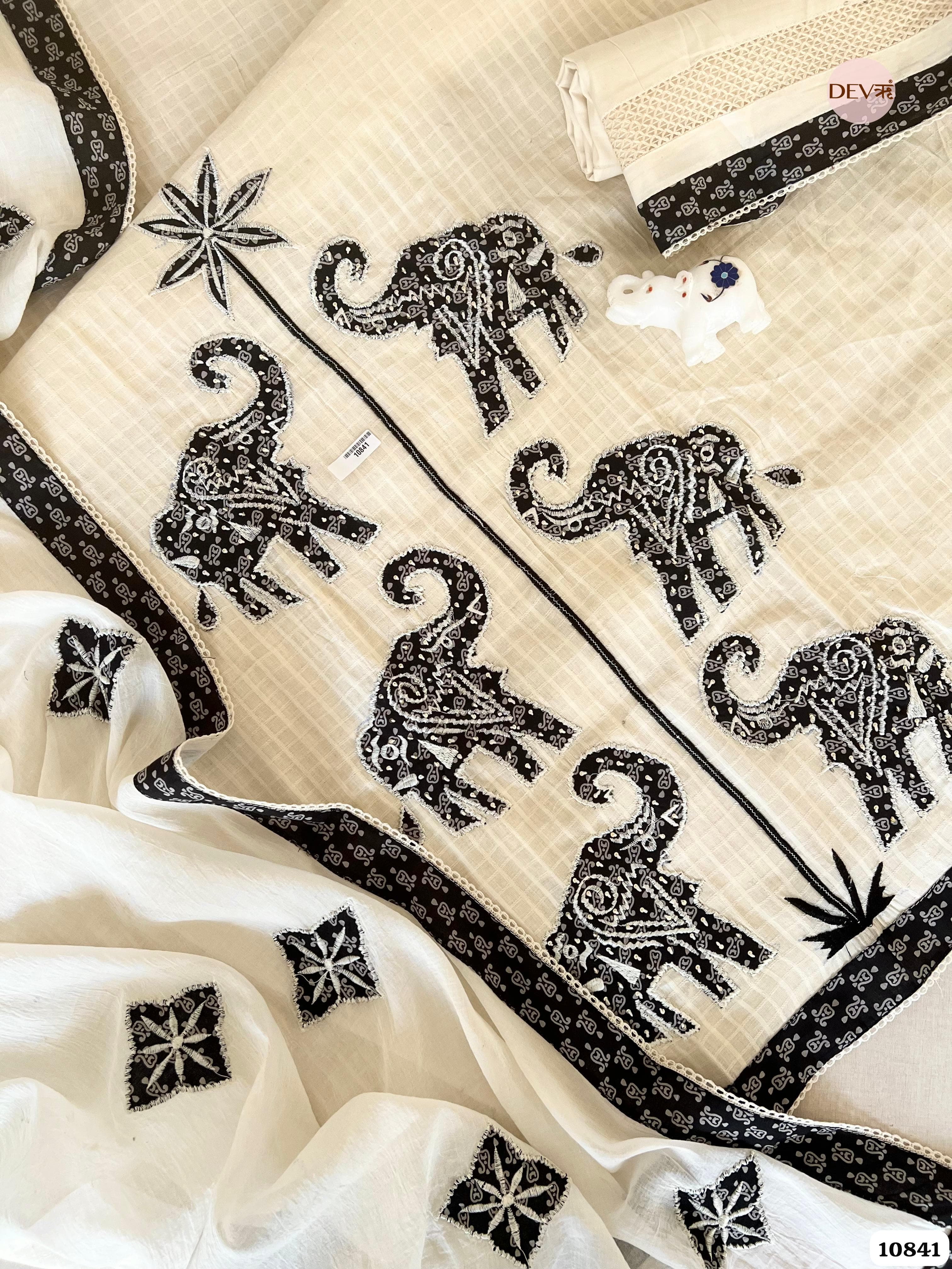 Off white Cotton Jaipuri Printed Hand Appliqué Embroidered -Set Of 3 {10841}