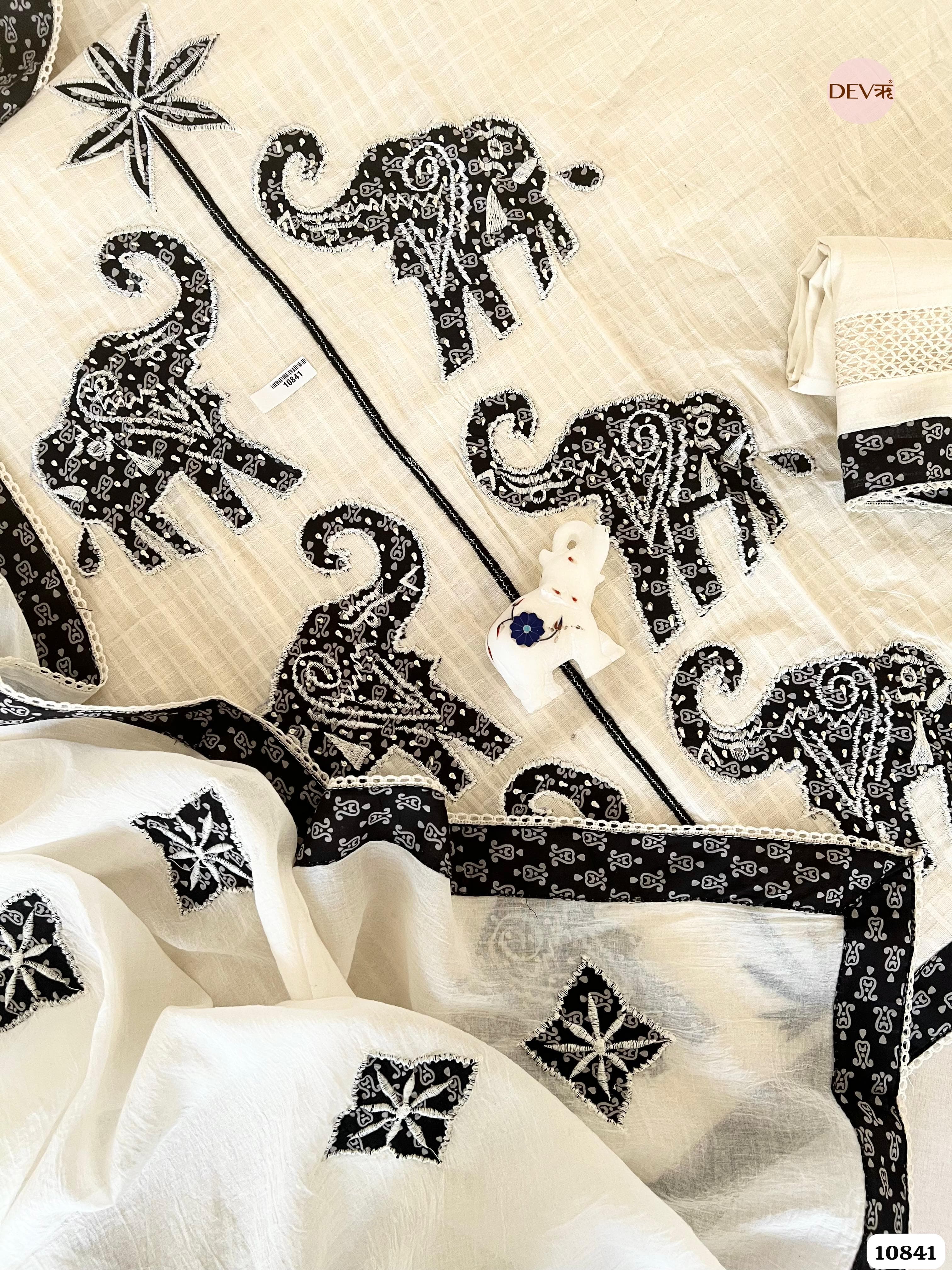 Off white Cotton Jaipuri Printed Hand Appliqué Embroidered -Set Of 3 {10841}