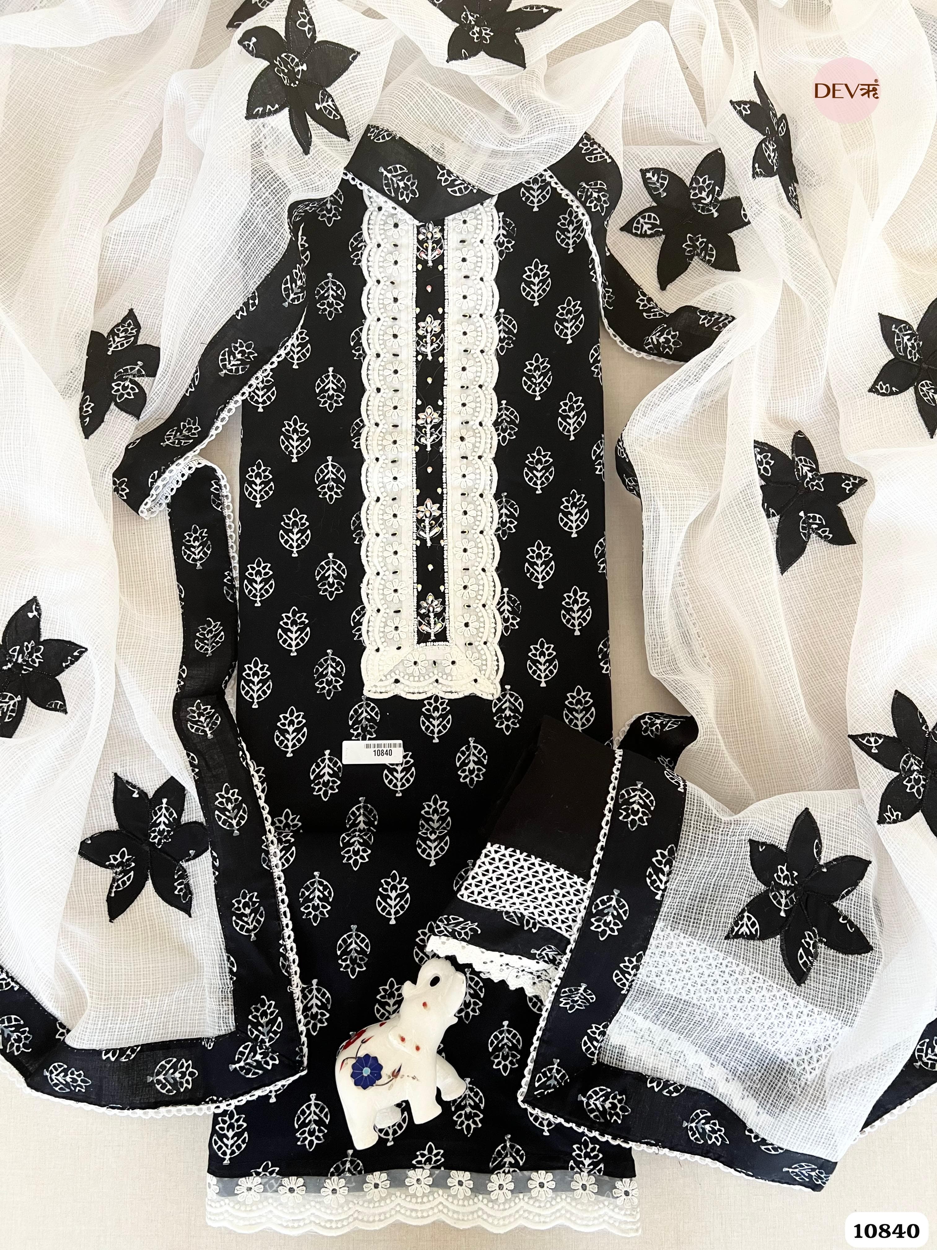 Black Cotton Jaipuri Printed Hand Appliqué Embroidered -Set Of 3 {10840}