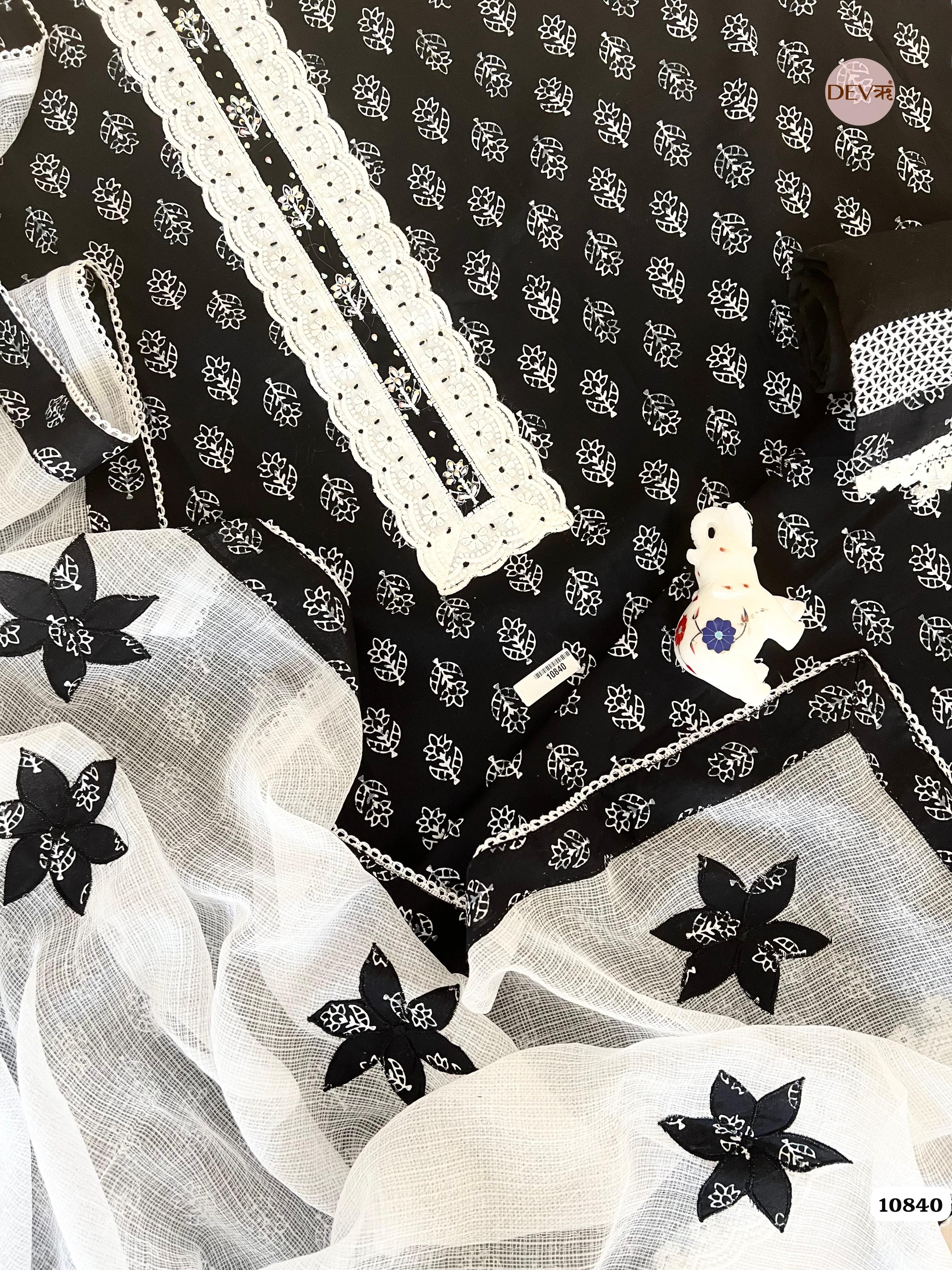 Black Cotton Jaipuri Printed Hand Appliqué Embroidered -Set Of 3 {10840}