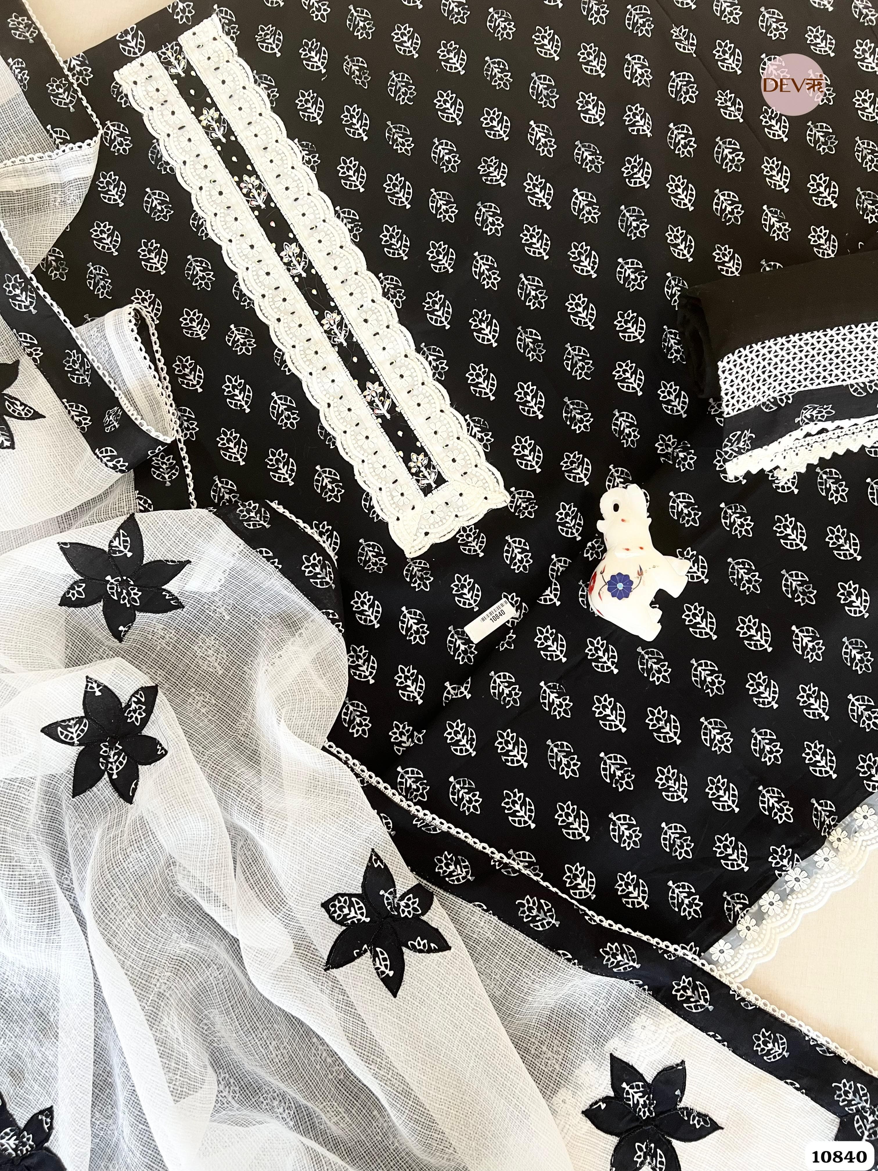 Black Cotton Jaipuri Printed Hand Appliqué Embroidered -Set Of 3 {10840}