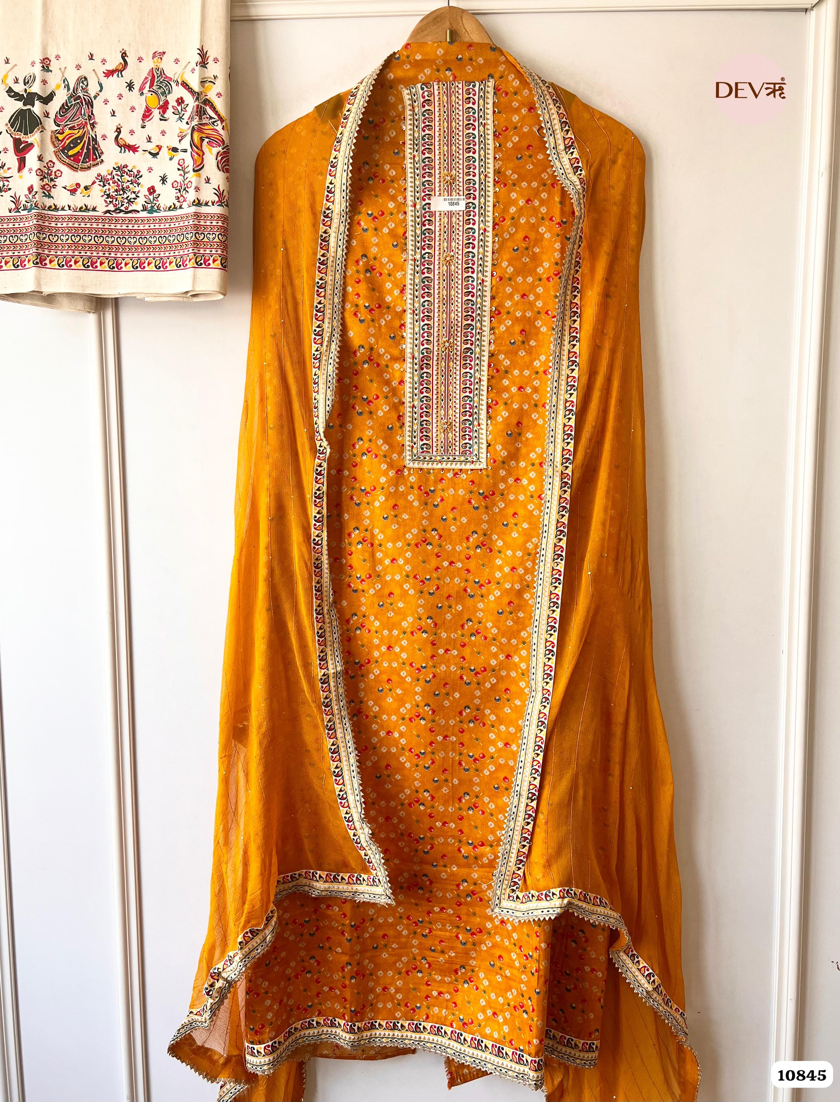 Orange yellow Cotton Jaipuri Printed Hand Embroidered -Set Of 3 {10845}