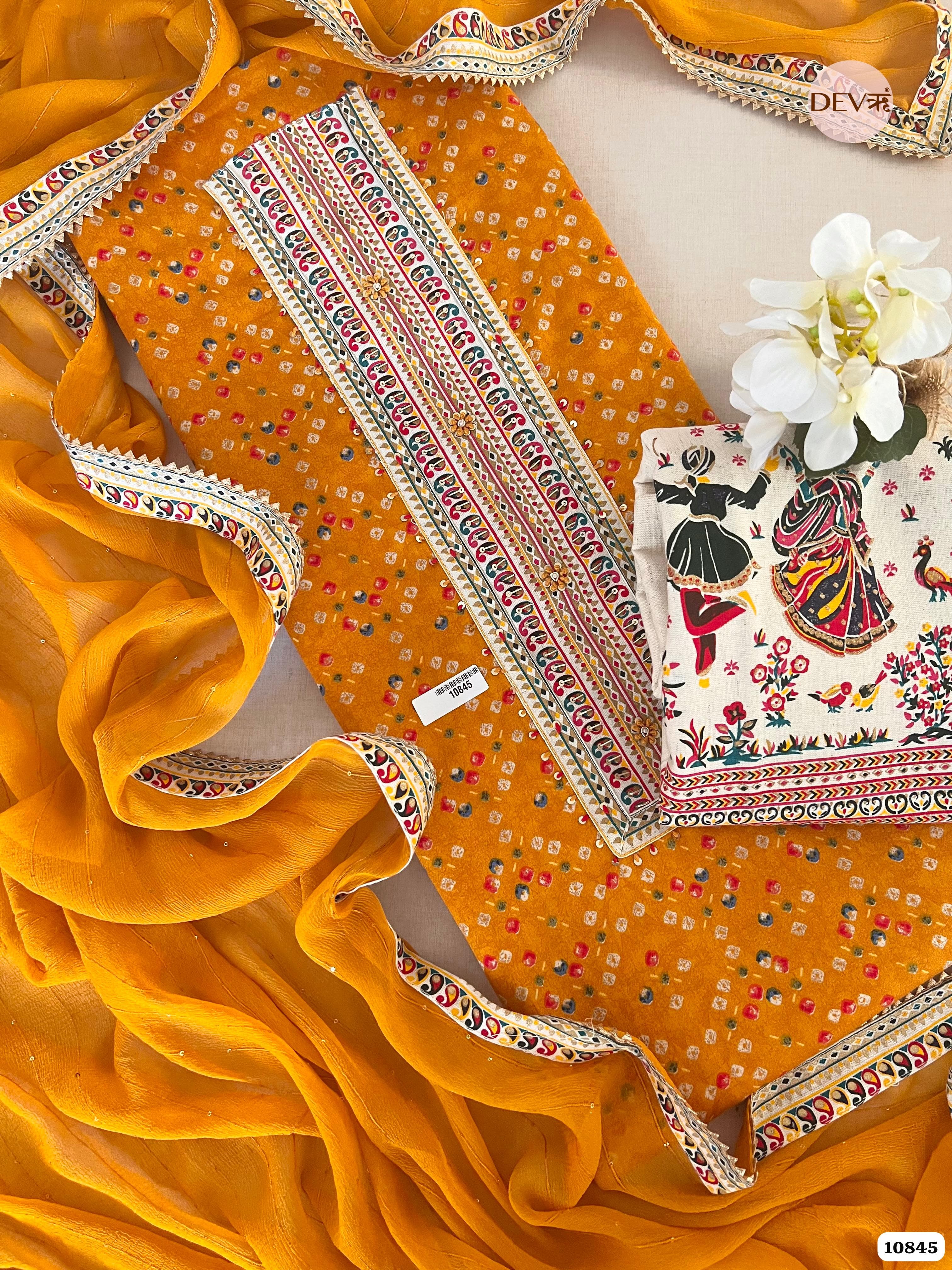 Orange yellow Cotton Jaipuri Printed Hand Embroidered -Set Of 3 {10845}