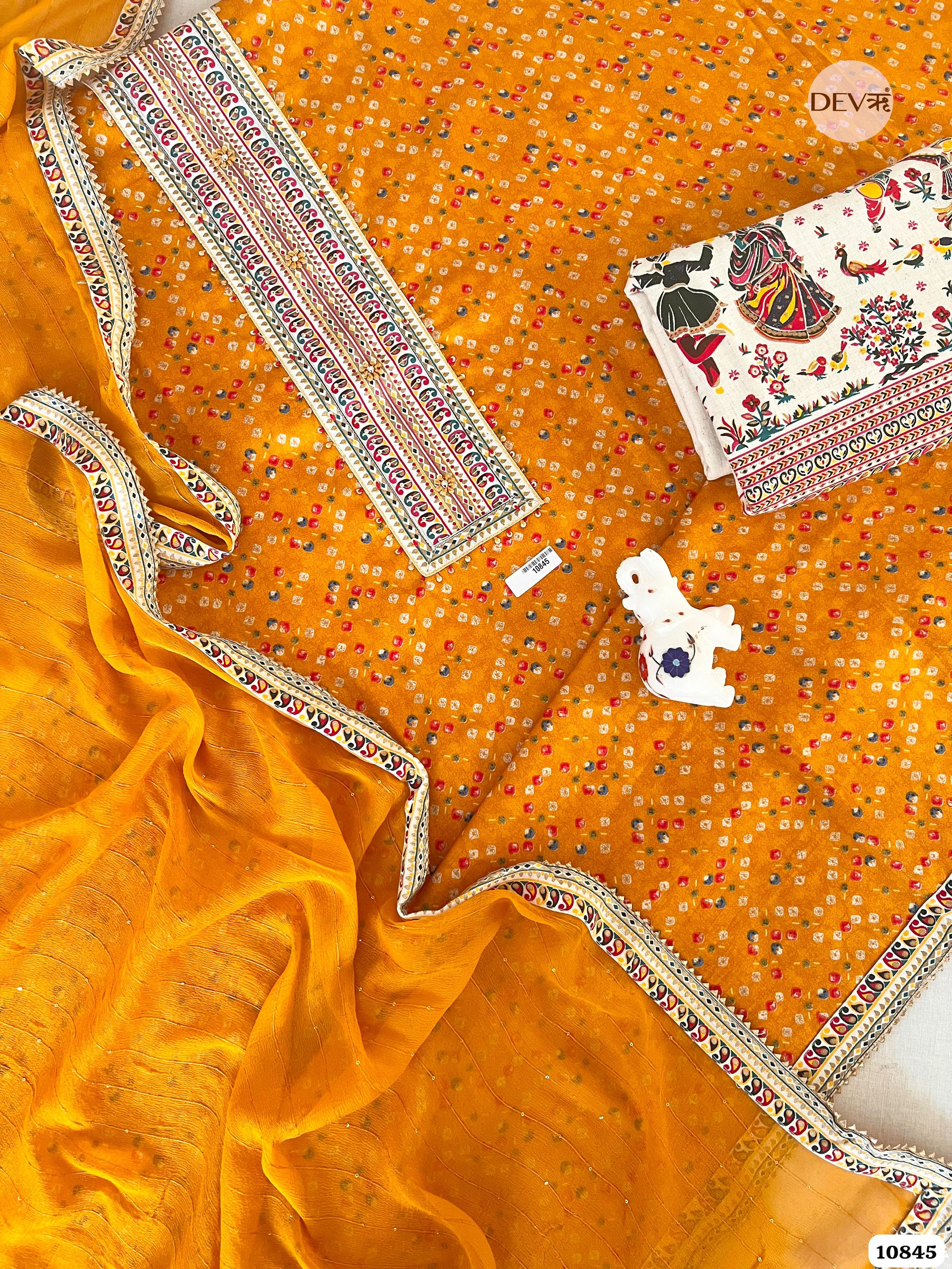 Orange yellow Cotton Jaipuri Printed Hand Embroidered -Set Of 3 {10845}
