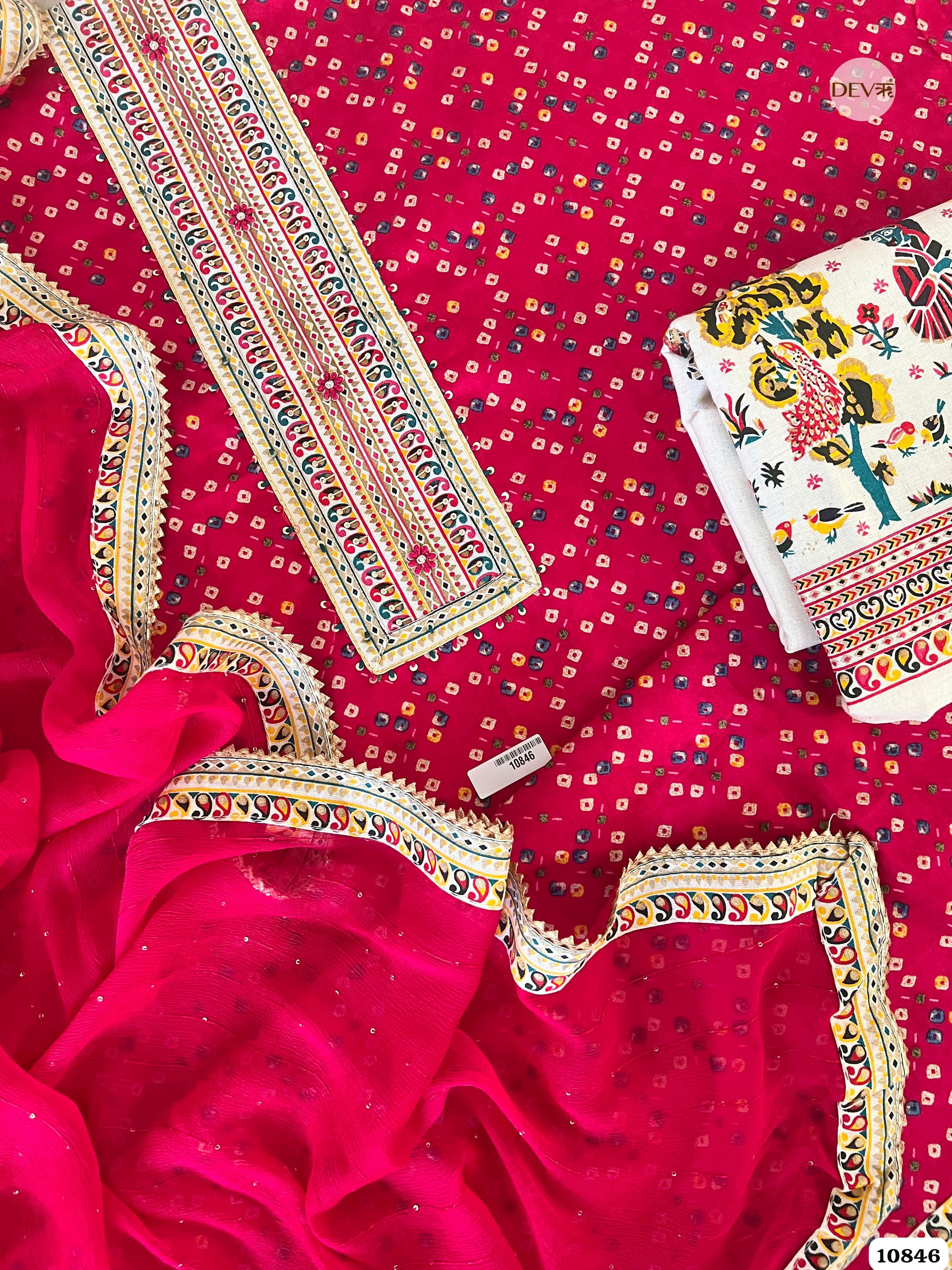Pink Cotton Jaipuri Printed Hand Embroidered -Set Of 3 {10846}