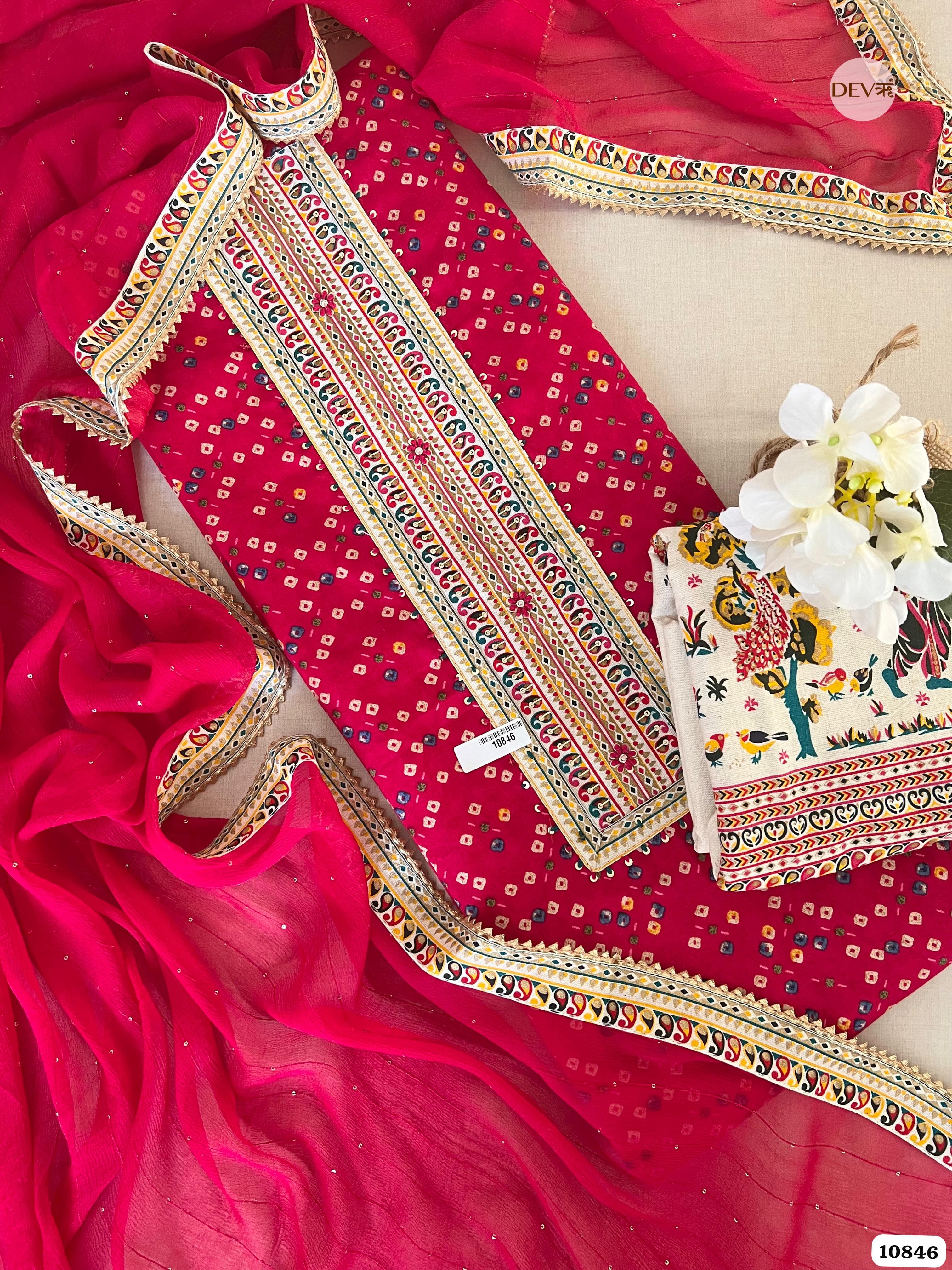 Pink Cotton Jaipuri Printed Hand Embroidered -Set Of 3 {10846}