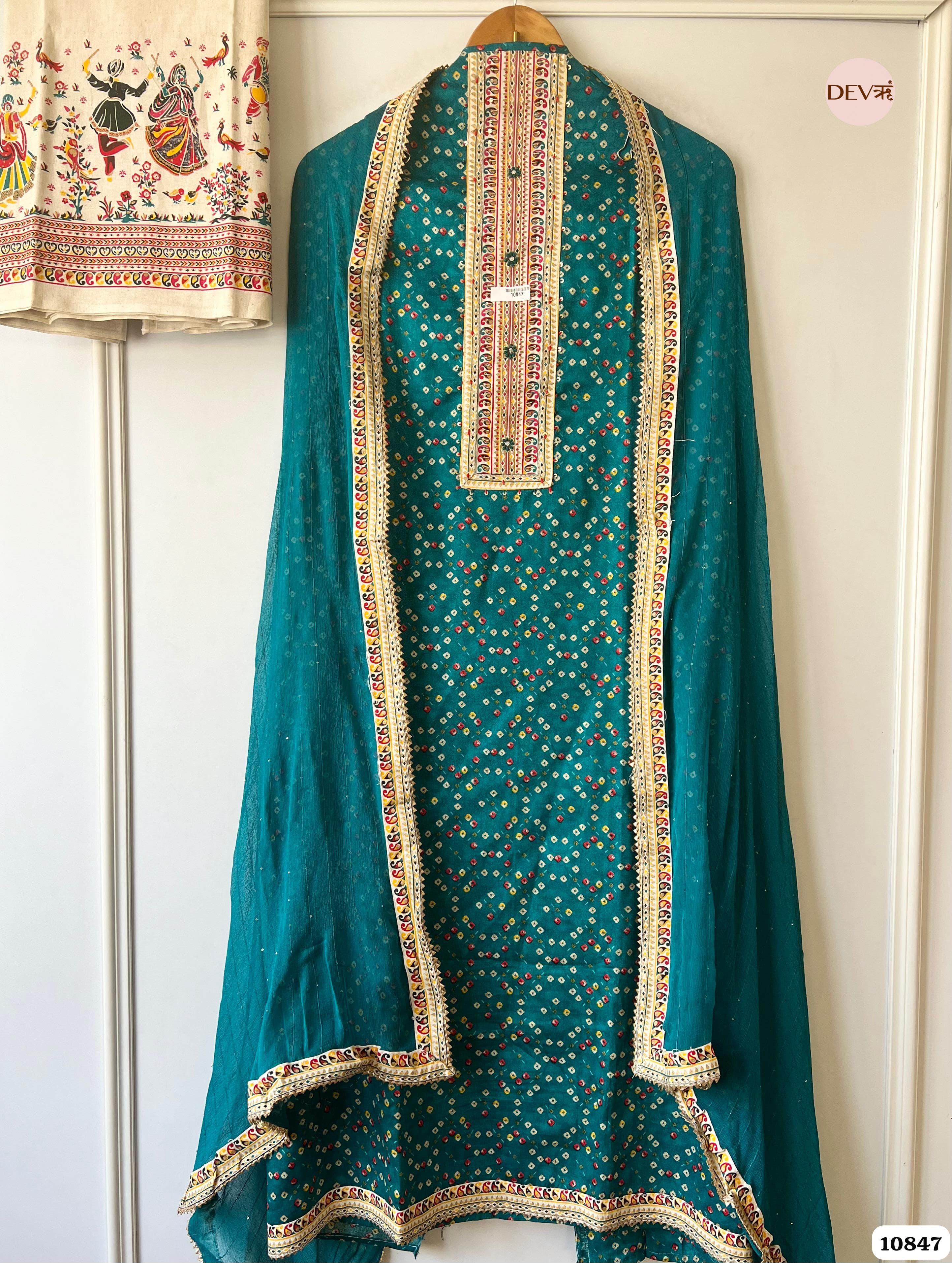 Blue Cotton Jaipuri Printed Hand Embroidered -Set Of 3 {10847}
