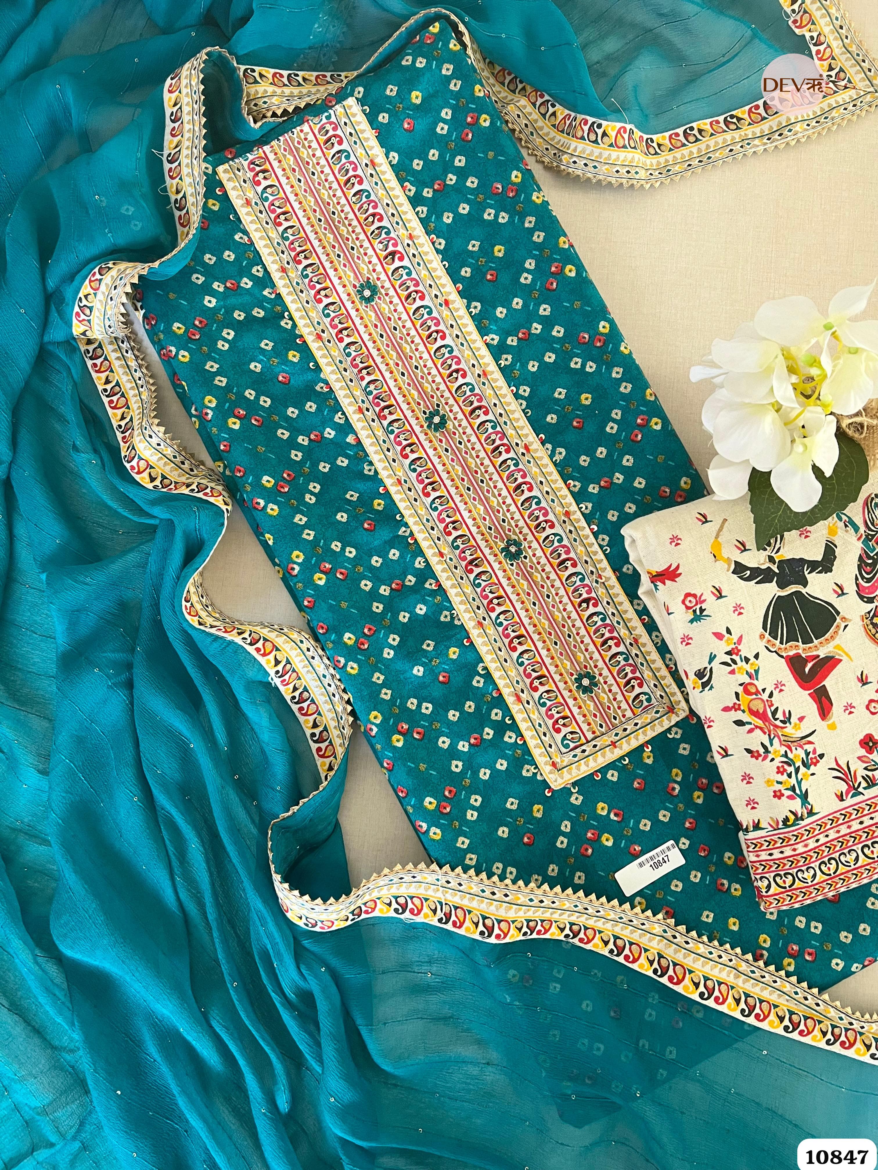 Blue Cotton Jaipuri Printed Hand Embroidered -Set Of 3 {10847}