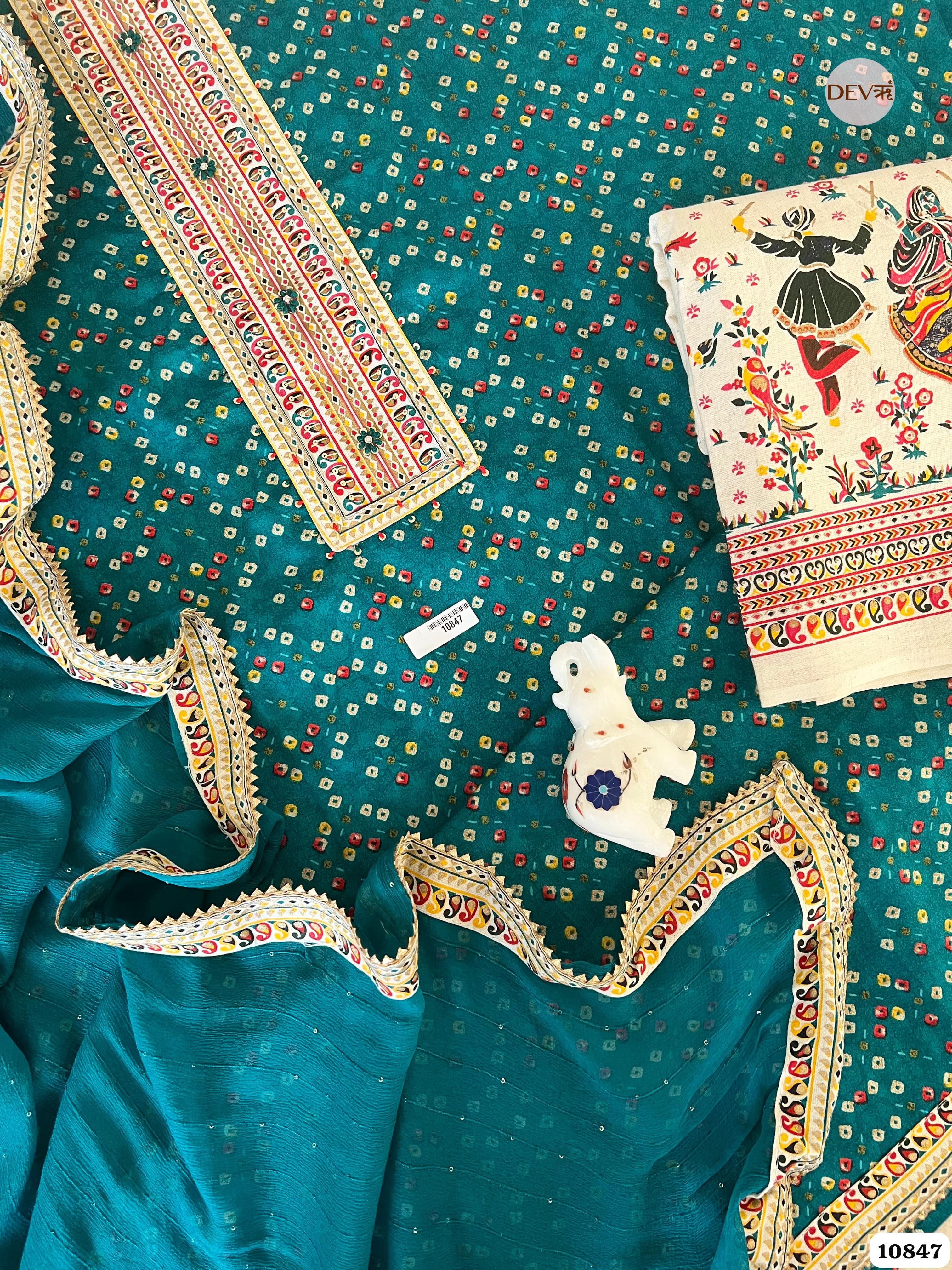 Blue Cotton Jaipuri Printed Hand Embroidered -Set Of 3 {10847}