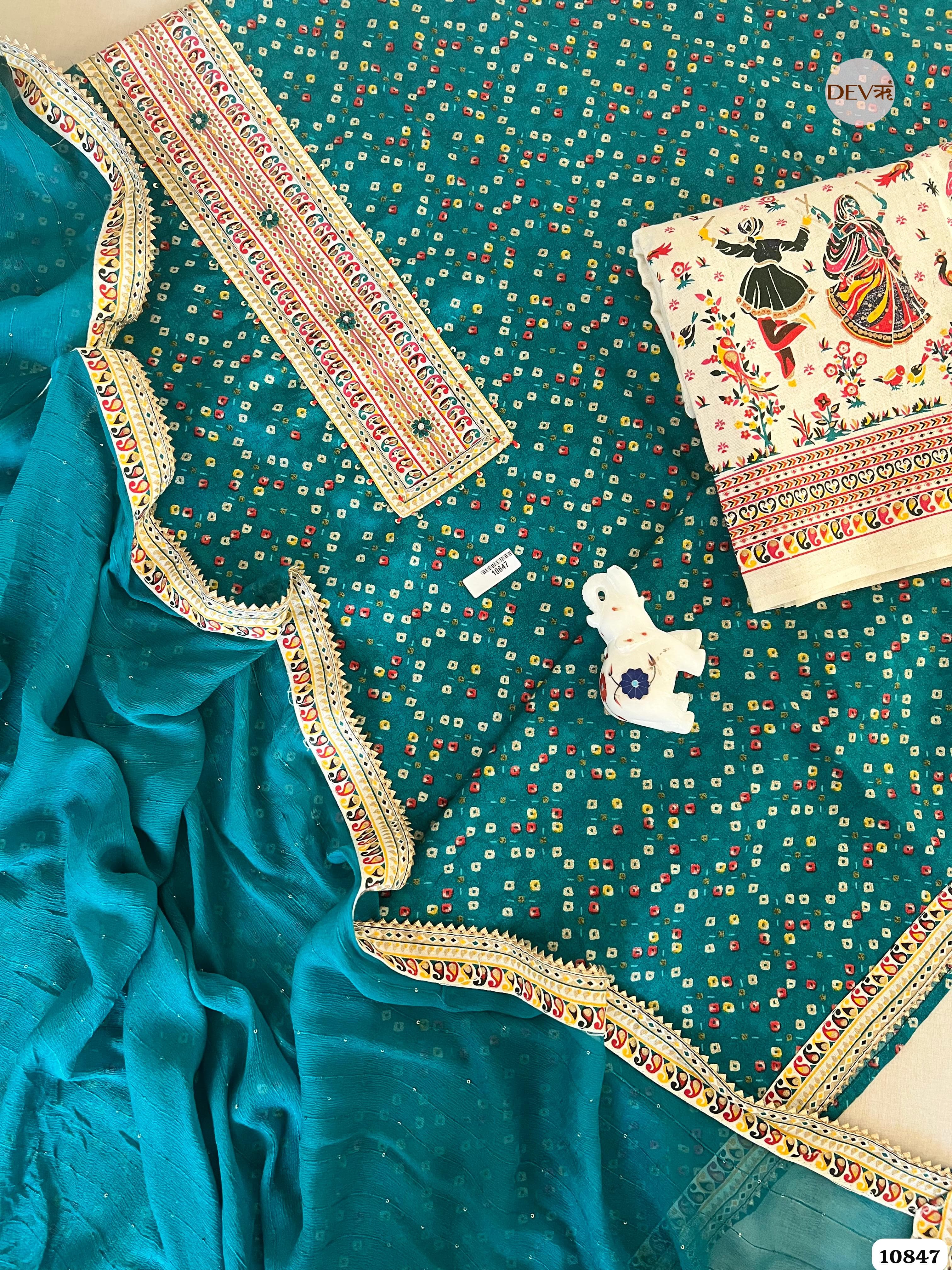 Blue Cotton Jaipuri Printed Hand Embroidered -Set Of 3 {10847}