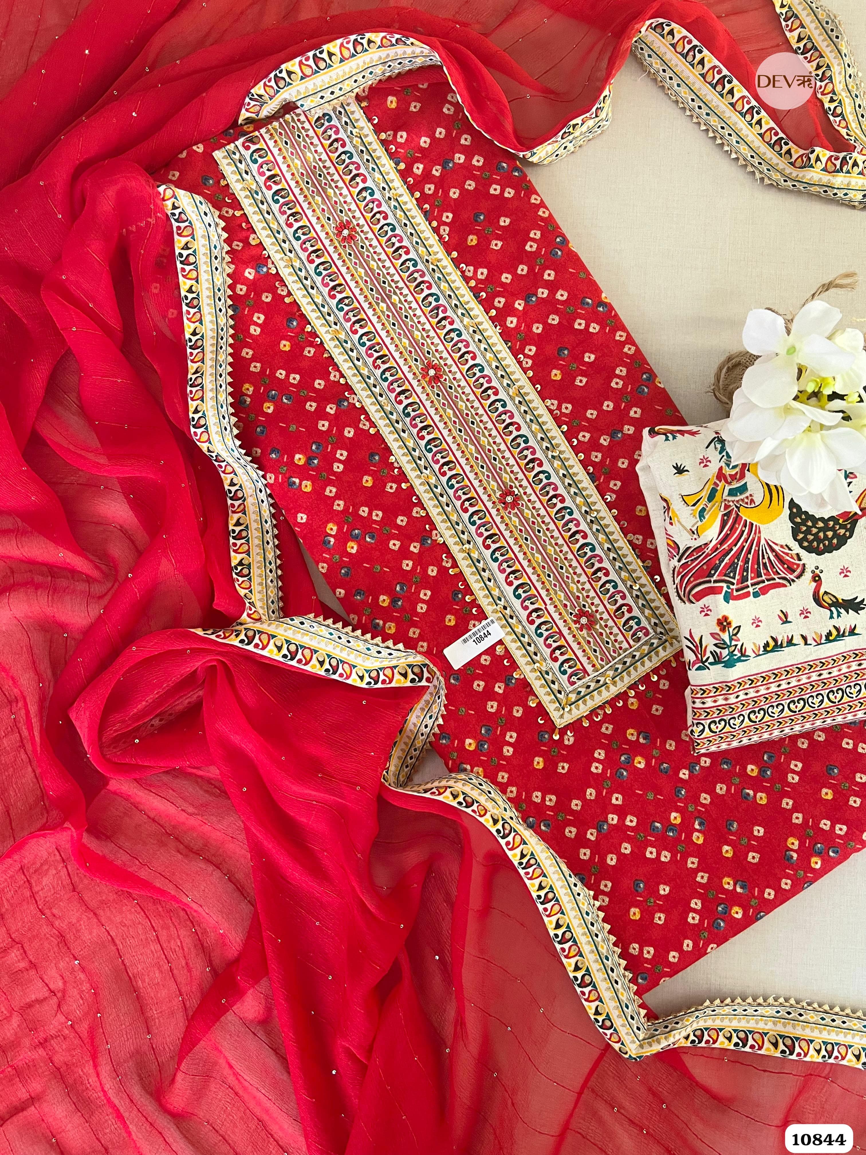 Red Cotton Jaipuri Printed Hand Embroidered -Set Of 3 {10844}