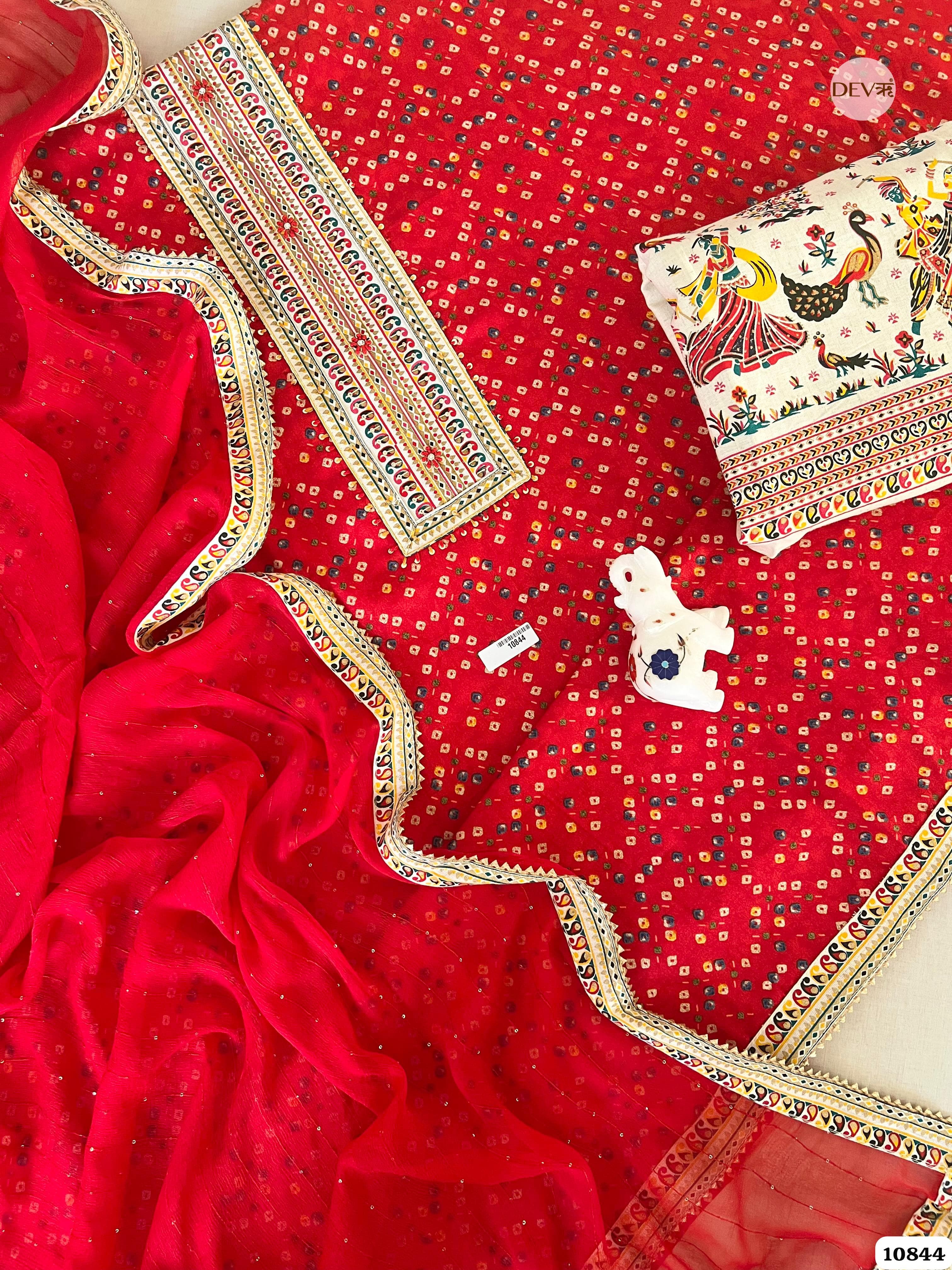 Red Cotton Jaipuri Printed Hand Embroidered -Set Of 3 {10844}