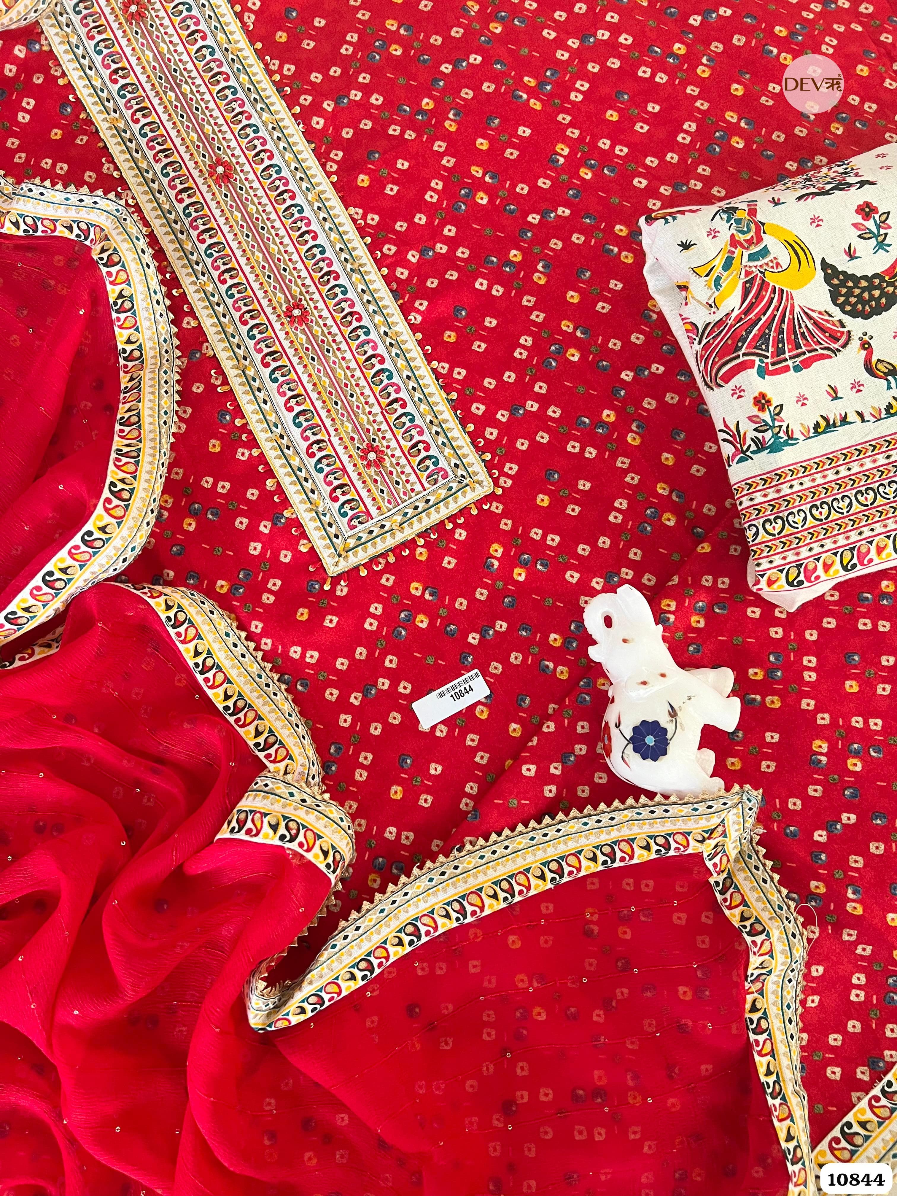 Red Cotton Jaipuri Printed Hand Embroidered -Set Of 3 {10844}